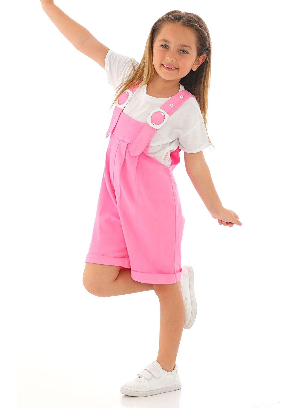 Bisiklet Yaka Kısa Kol Kemer Detaylı Pembe Renk Kız Çocuk Şortlu Salopet