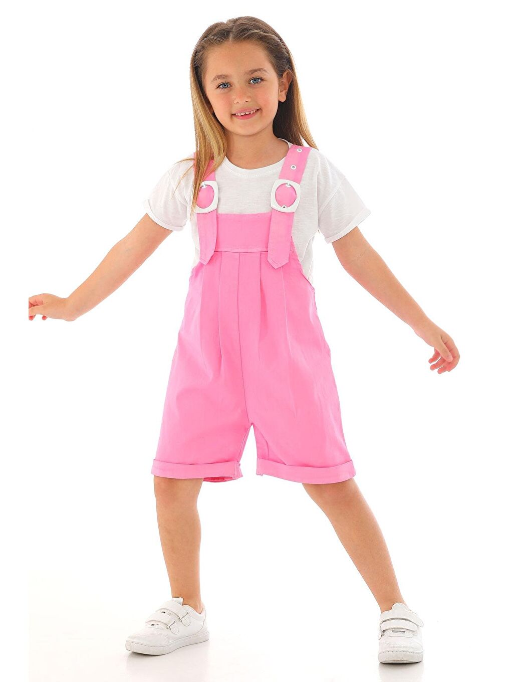 Bisiklet Yaka Kısa Kol Kemer Detaylı Pembe Renk Kız Çocuk Şortlu Salopet-1