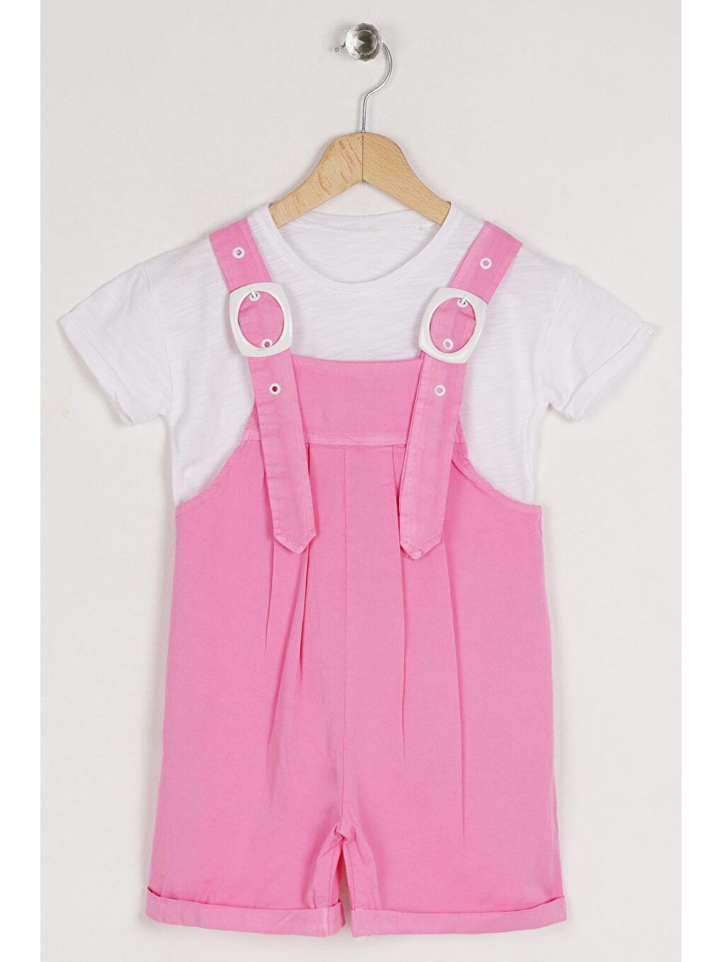 Bisiklet Yaka Kısa Kol Kemer Detaylı Pembe Renk Kız Çocuk Şortlu Salopet-2