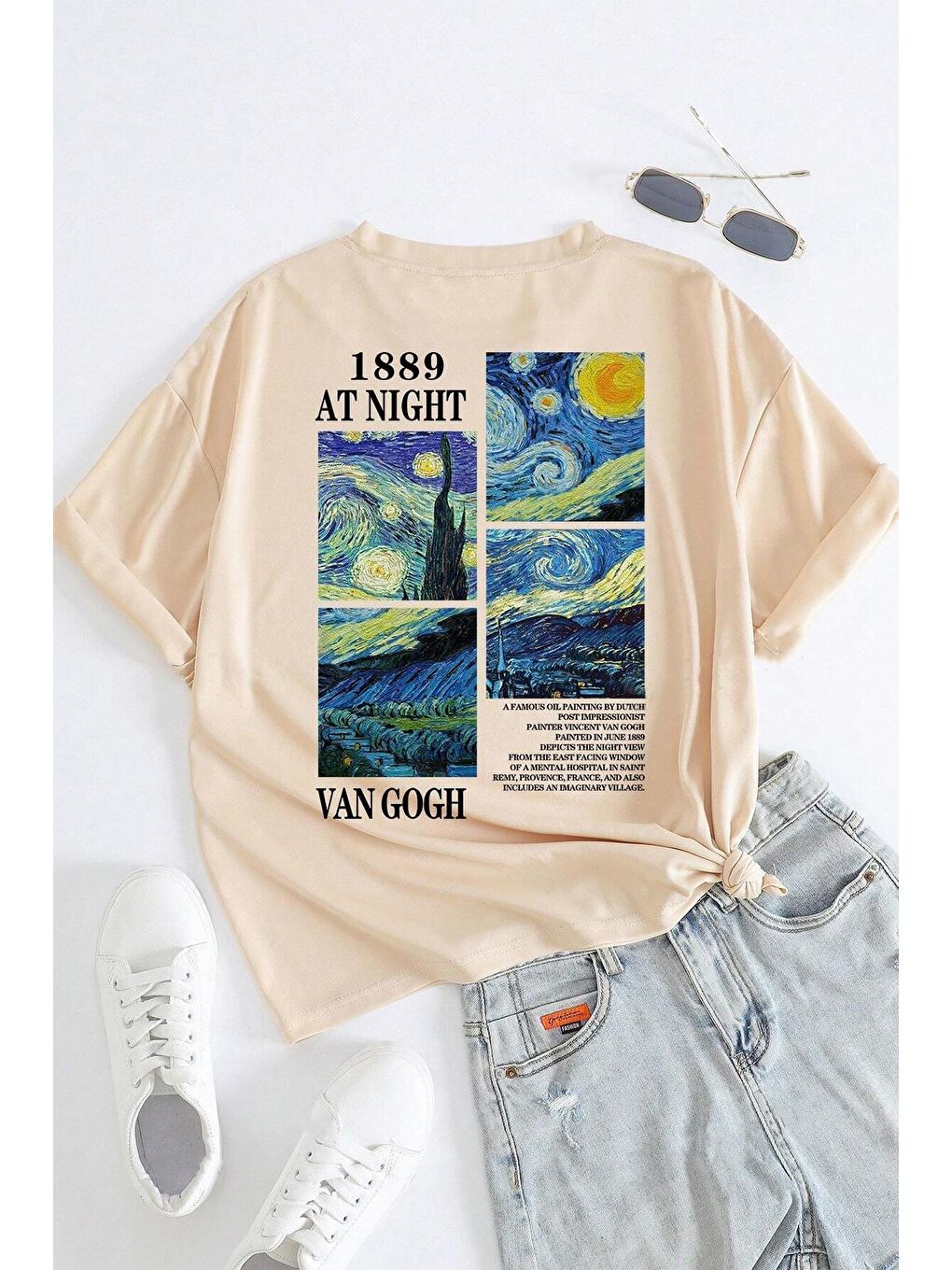 uyguntarz Bej Unisex Van Gogh Baskılı Oversize Tshirt - 1