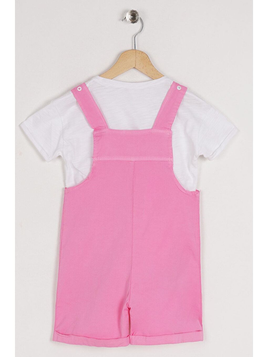 Bisiklet Yaka Kısa Kol Kemer Detaylı Pembe Renk Kız Çocuk Şortlu Salopet-3