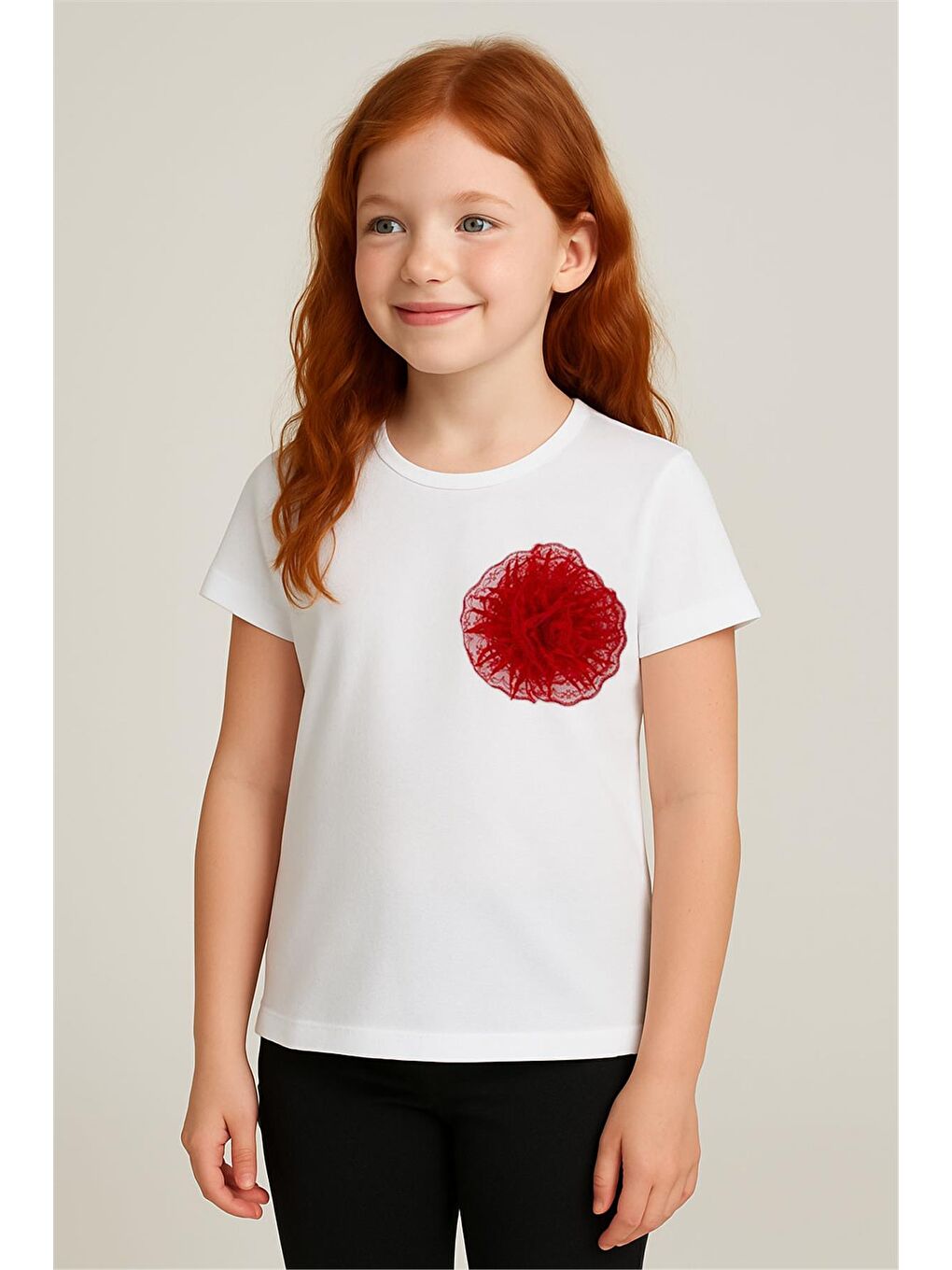 Kız Çocuk Tişört Tül Çiçek Aksesuarlı Beyaz (5-10 Yaş)