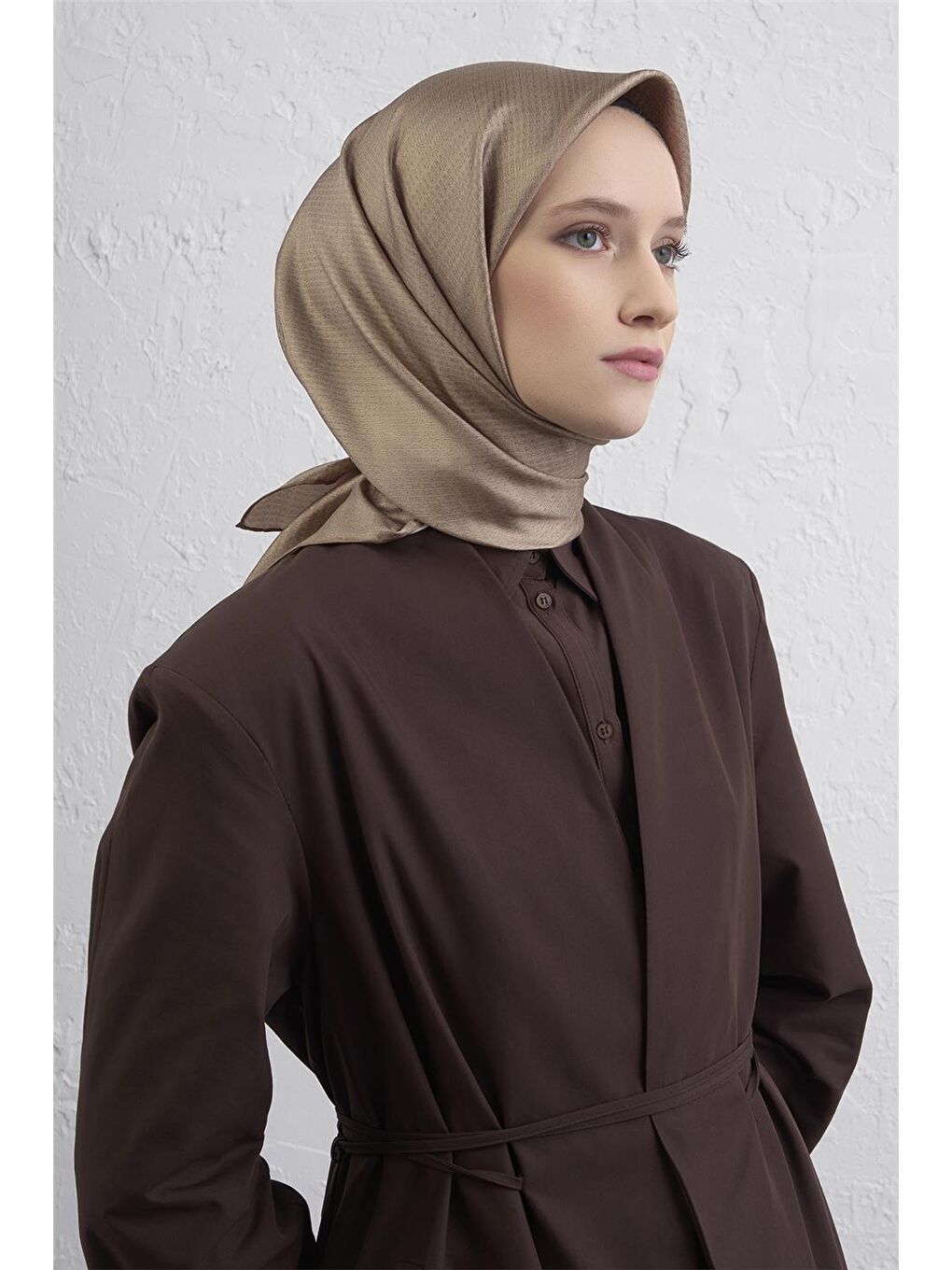 Kahverengi Soyut Desenli Saf İpek Twill Eşarp 9415D 02-1