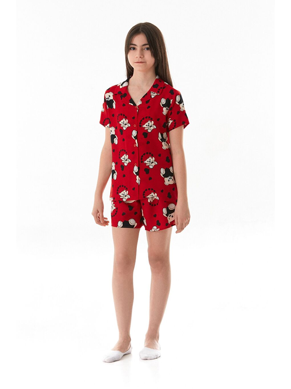 Kırmızı Ayıcık Desenli Kız Çocuk Pijama Takımı