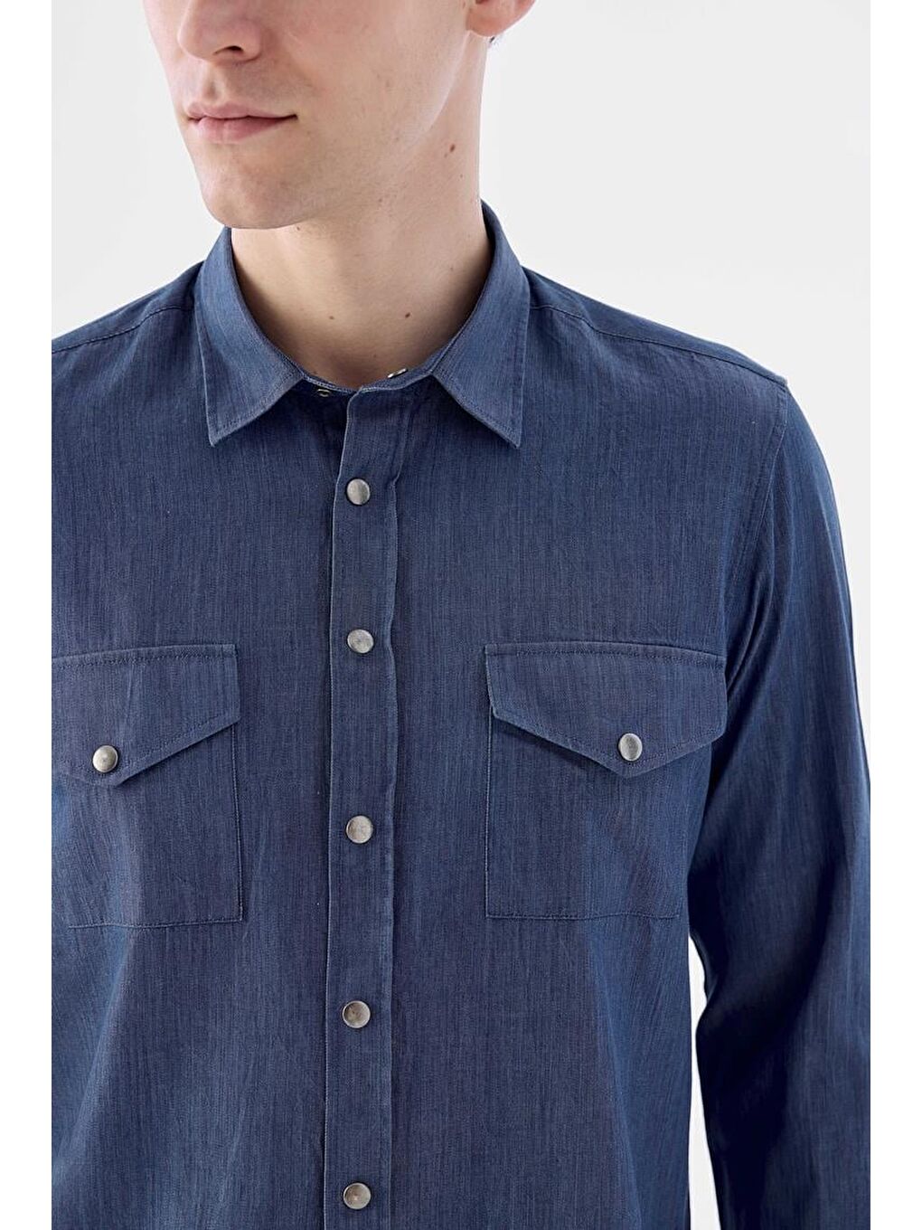 Lacivert Comfort Fit Cepli Çıtçıtlı %100 Pamuk Jean Gömlek-2