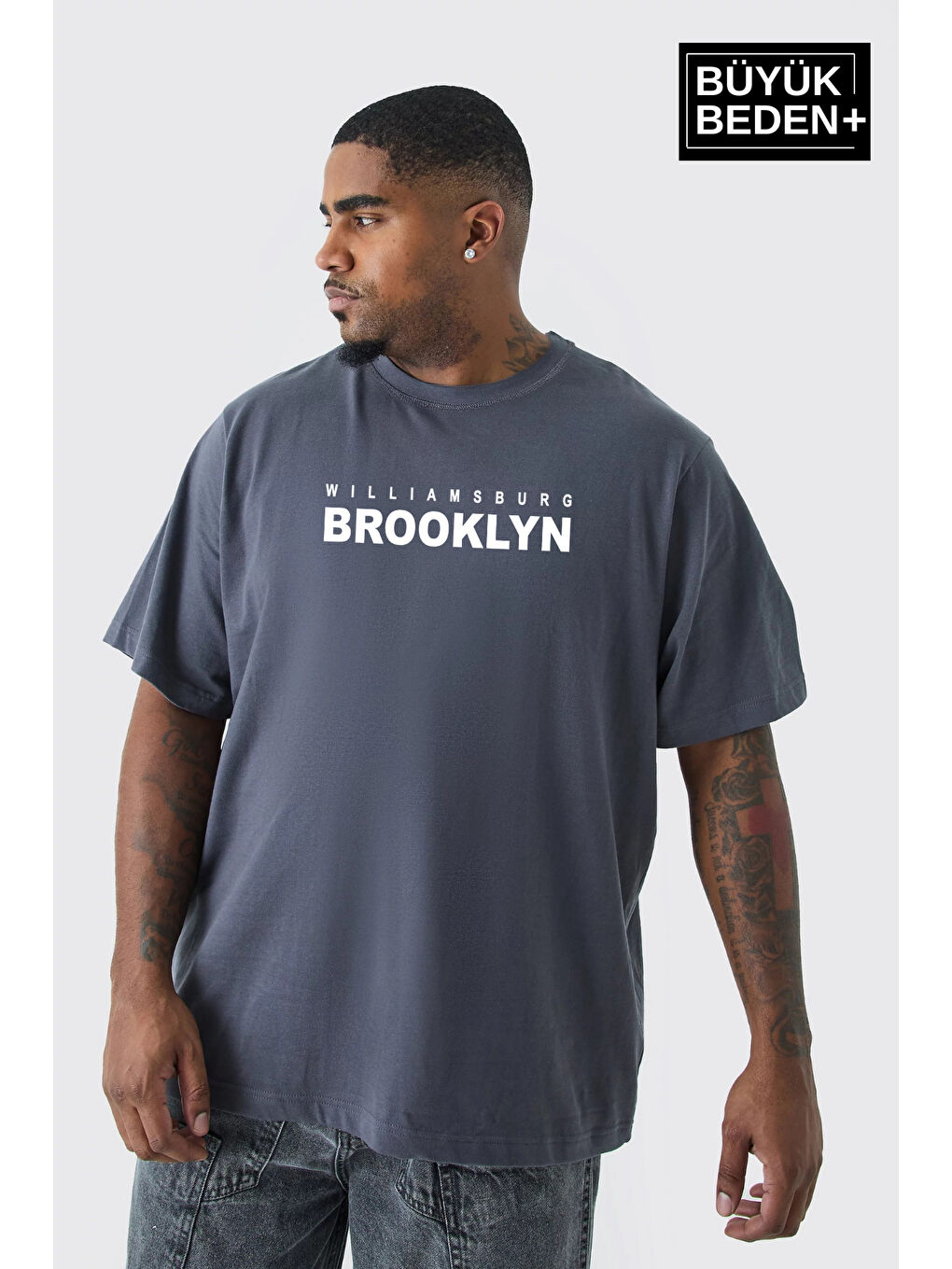 Gri Erkek Büyük Beden Willams.Brooklyn Baskılı Bisiklet Yaka Tişört SPR25BTS15