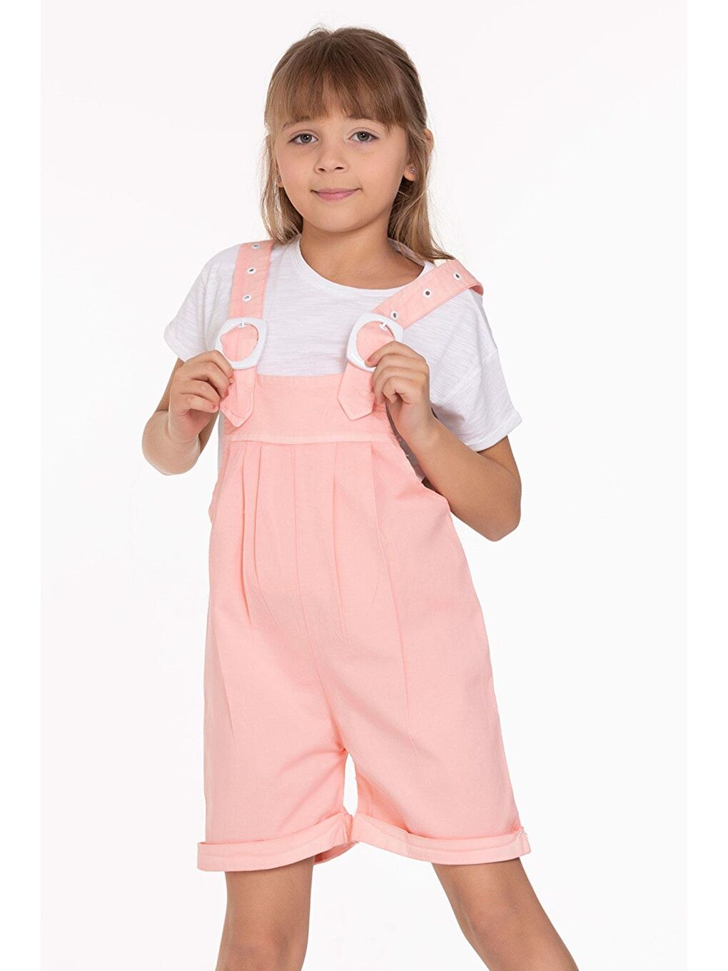 Pembe Bisiklet Yaka Kısa Kol Kemer Detaylı Somon Renk Kız Çocuk Şortlu Salopet