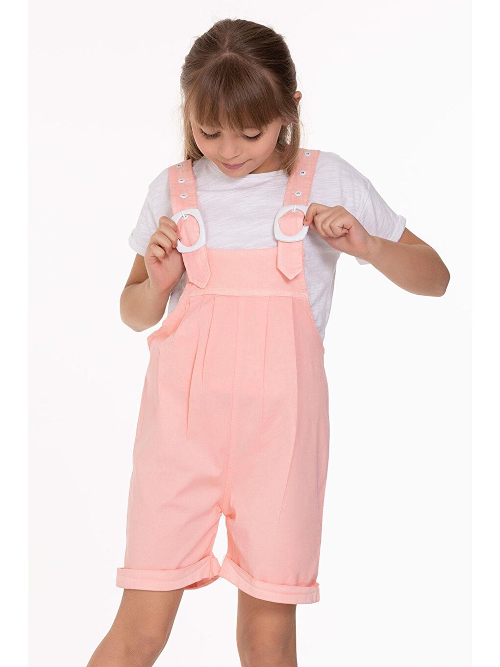 Pembe Bisiklet Yaka Kısa Kol Kemer Detaylı Somon Renk Kız Çocuk Şortlu Salopet-1