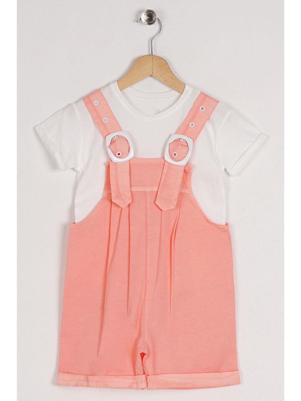 Pembe Bisiklet Yaka Kısa Kol Kemer Detaylı Somon Renk Kız Çocuk Şortlu Salopet-2