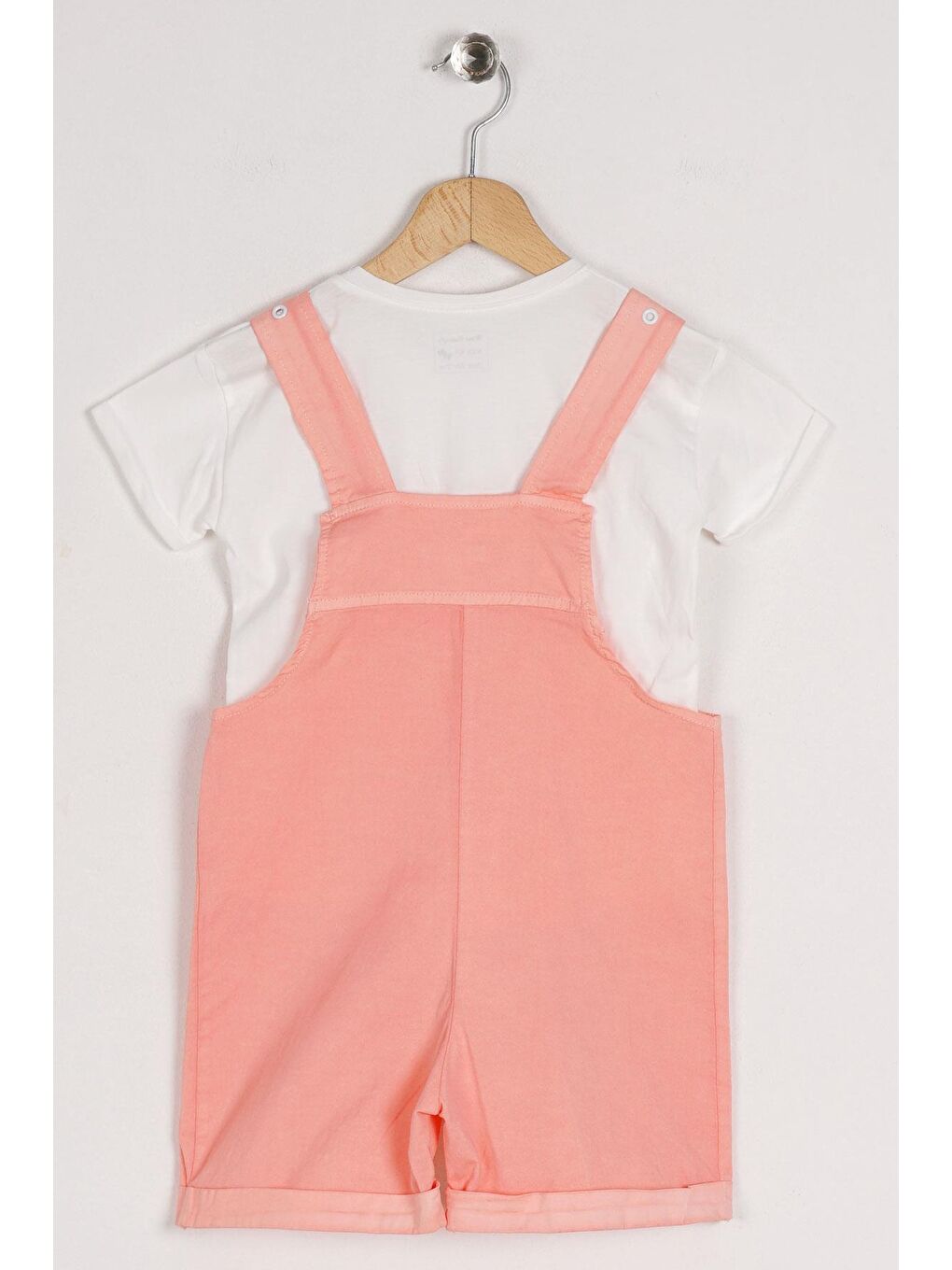 Pembe Bisiklet Yaka Kısa Kol Kemer Detaylı Somon Renk Kız Çocuk Şortlu Salopet-3