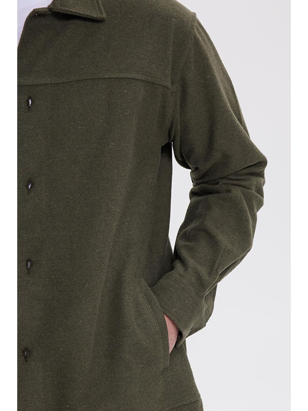 Erkek Relax Fit Rahat Kesim Yandan Flota Cep Oduncu Haki Kaşe Ceket Gömlek-2