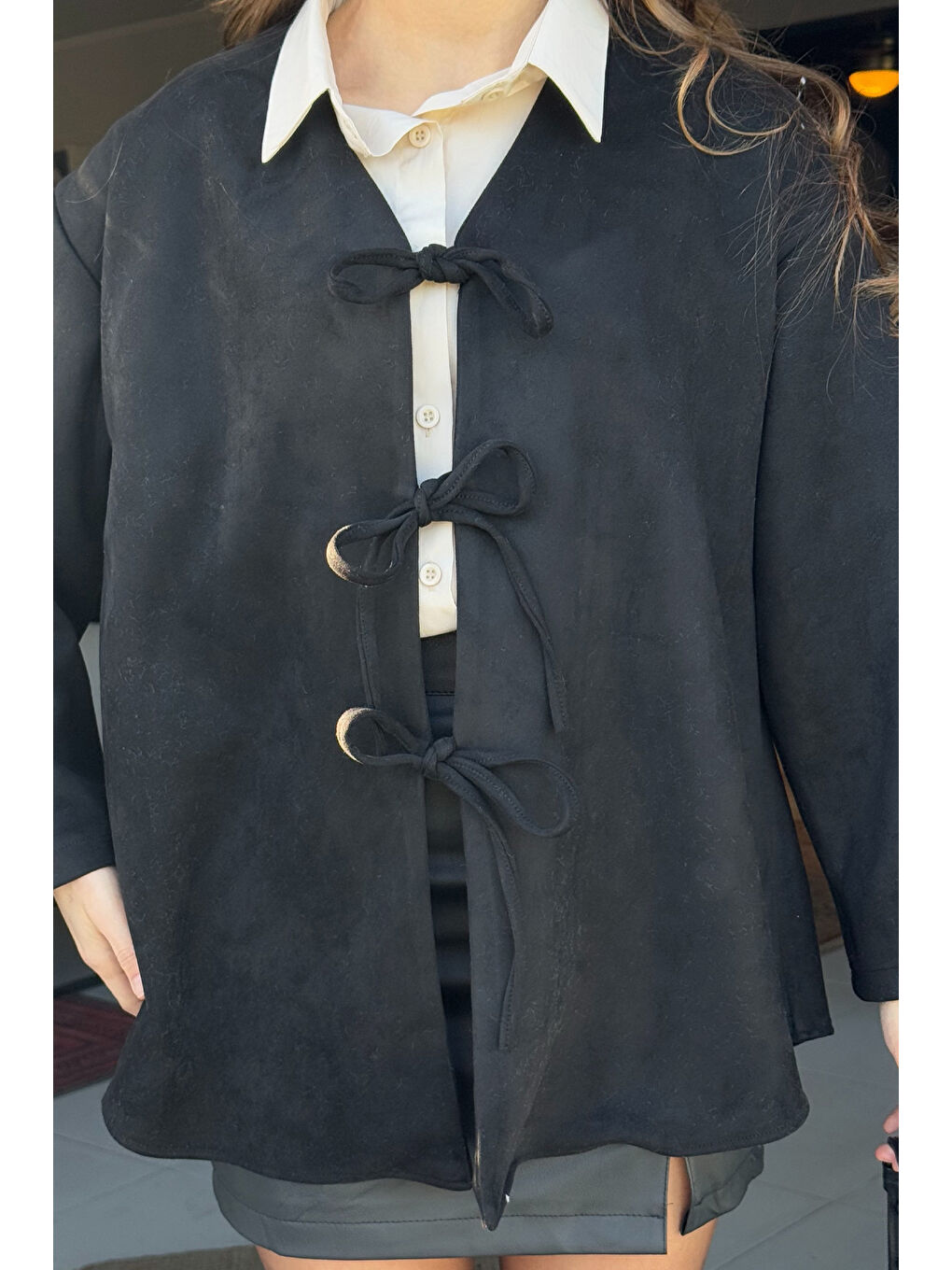 Siyah Kadın Ön Bağlamalı Tesettür Süet Ceket-2