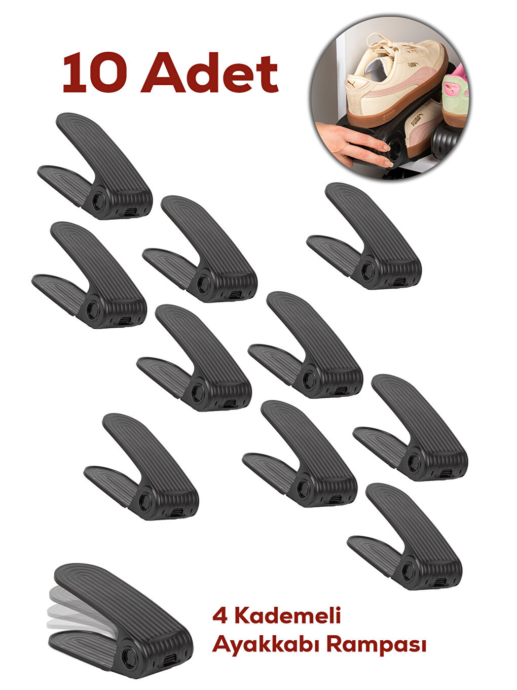 5301 10lu Ayakkabı Rampası Ayakkabı Düzenleyici Dolap İçi Organizer- Siyah-1