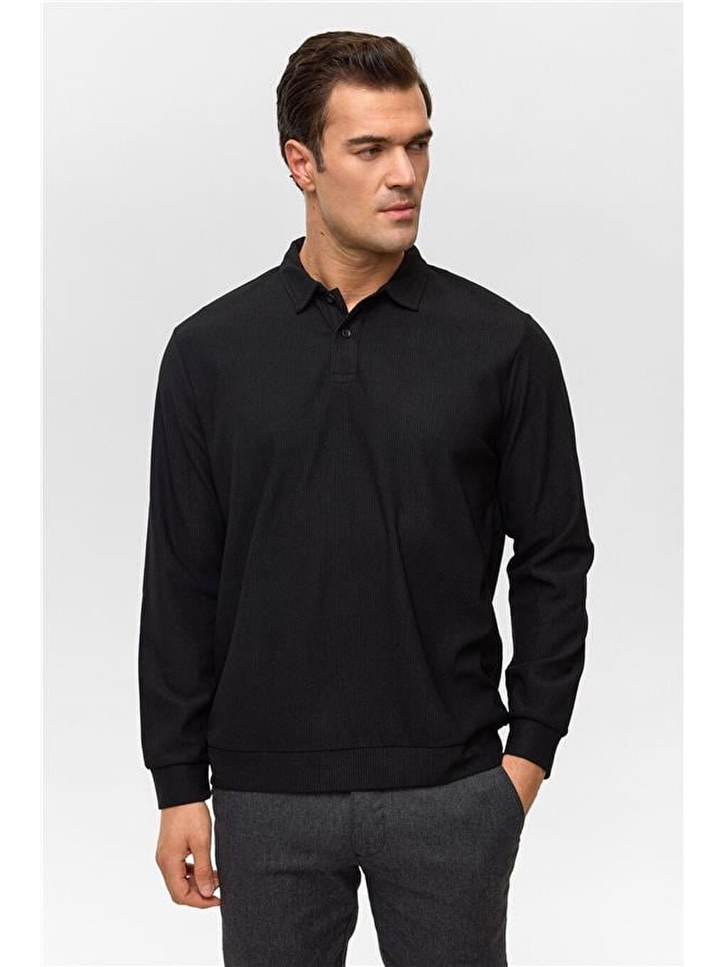 Siyah Regular Düz Polo Yaka Sweatshirt
