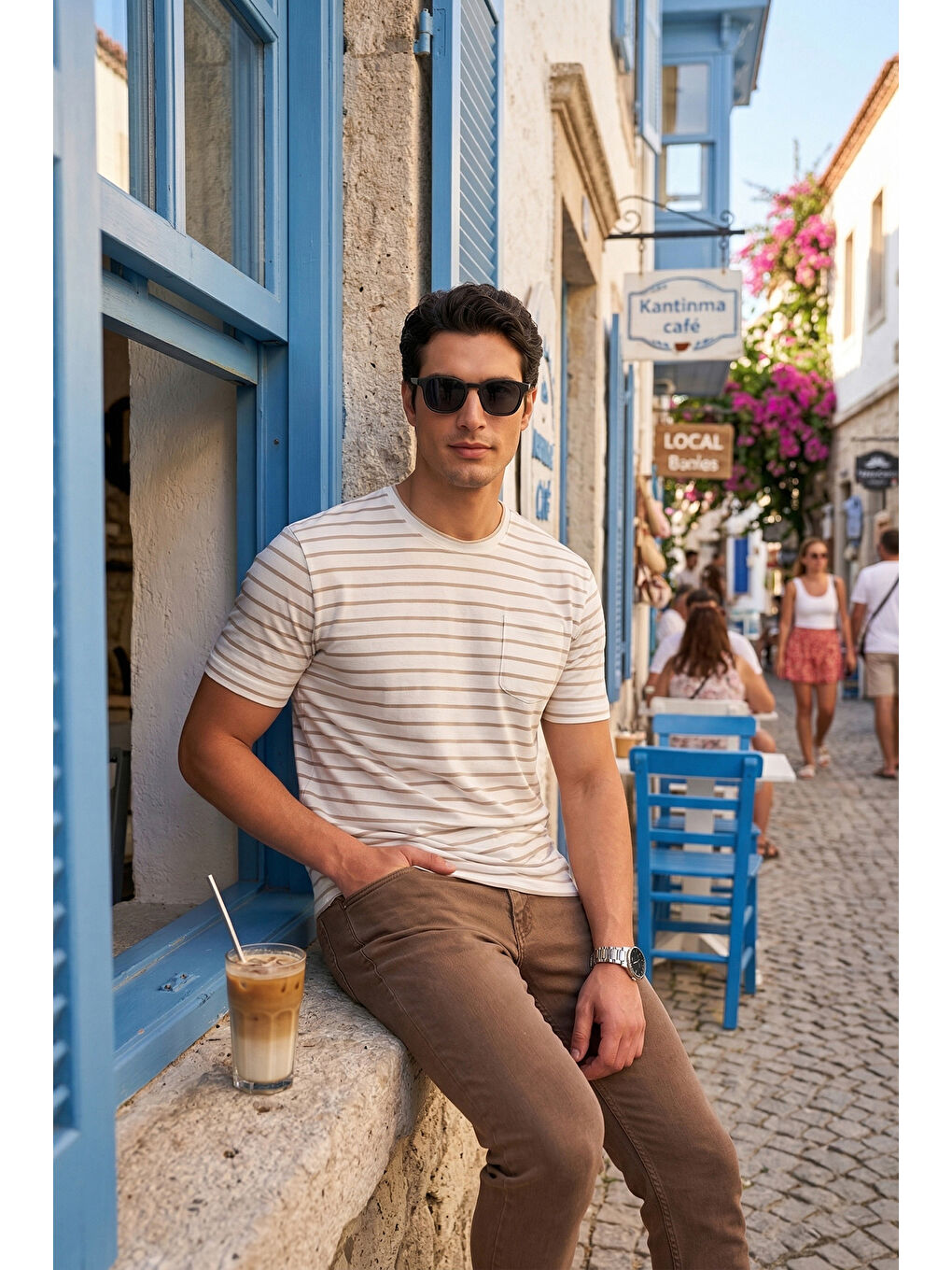 Bej Pamuklu Çizgili Cep Detaylı Bisiklet Yaka T Shirt 5904057-3