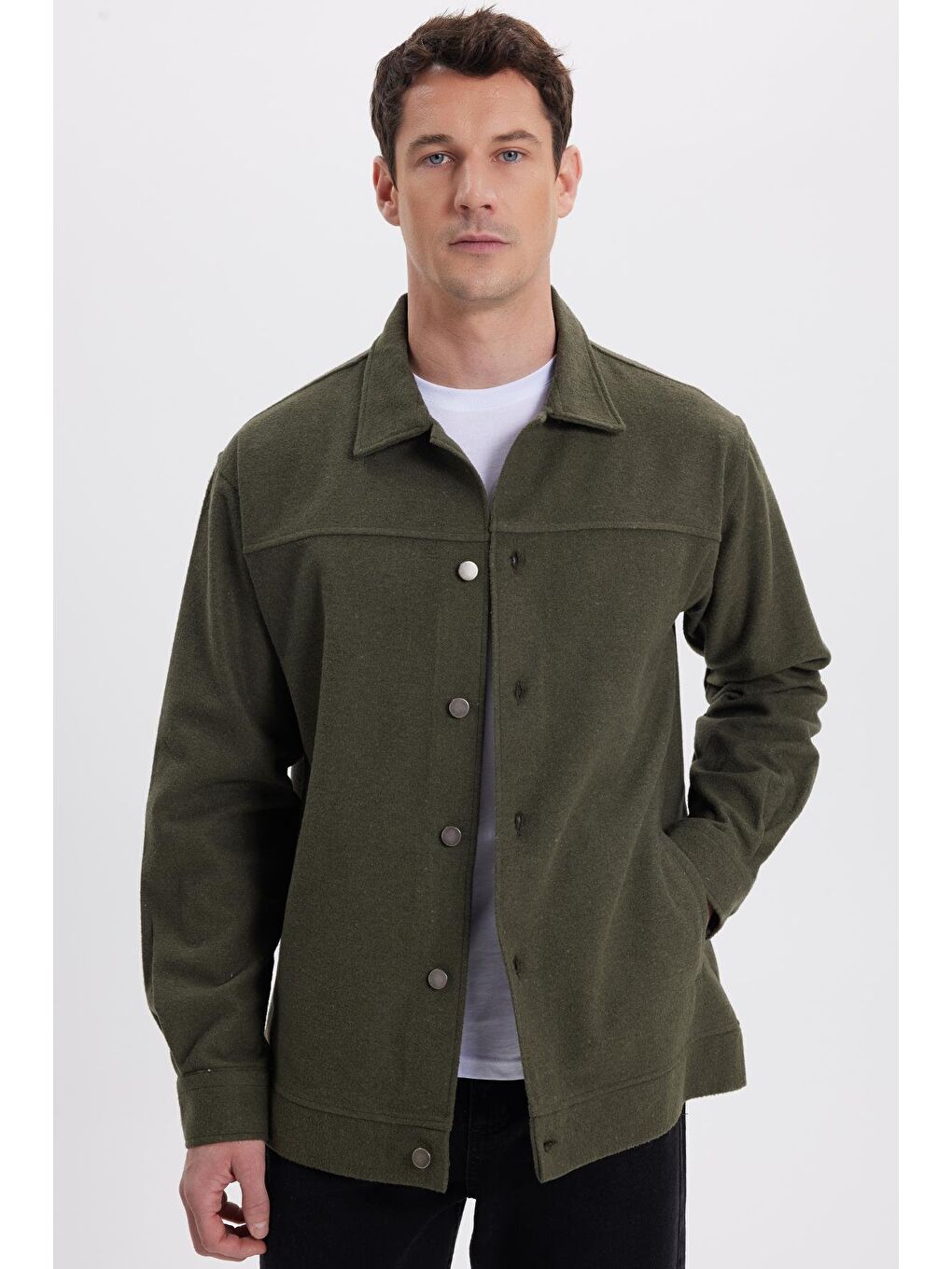 Erkek Relax Fit Rahat Kesim Yandan Flota Cep Oduncu Haki Kaşe Ceket Gömlek-3