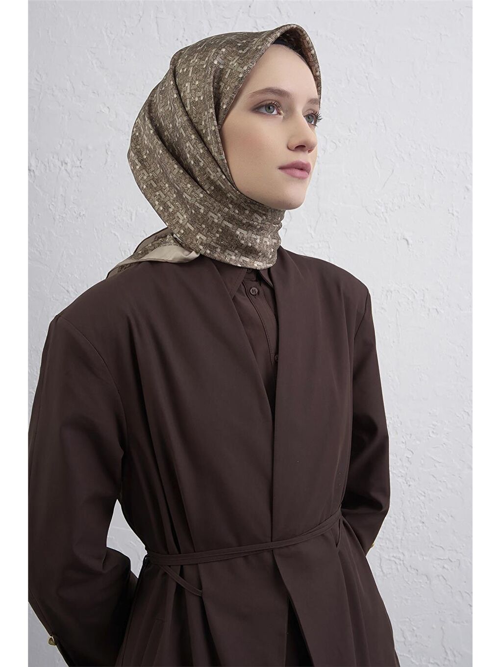 Kahverengi Soyut Desenli Saf İpek Twill Eşarp 9405D 57-1