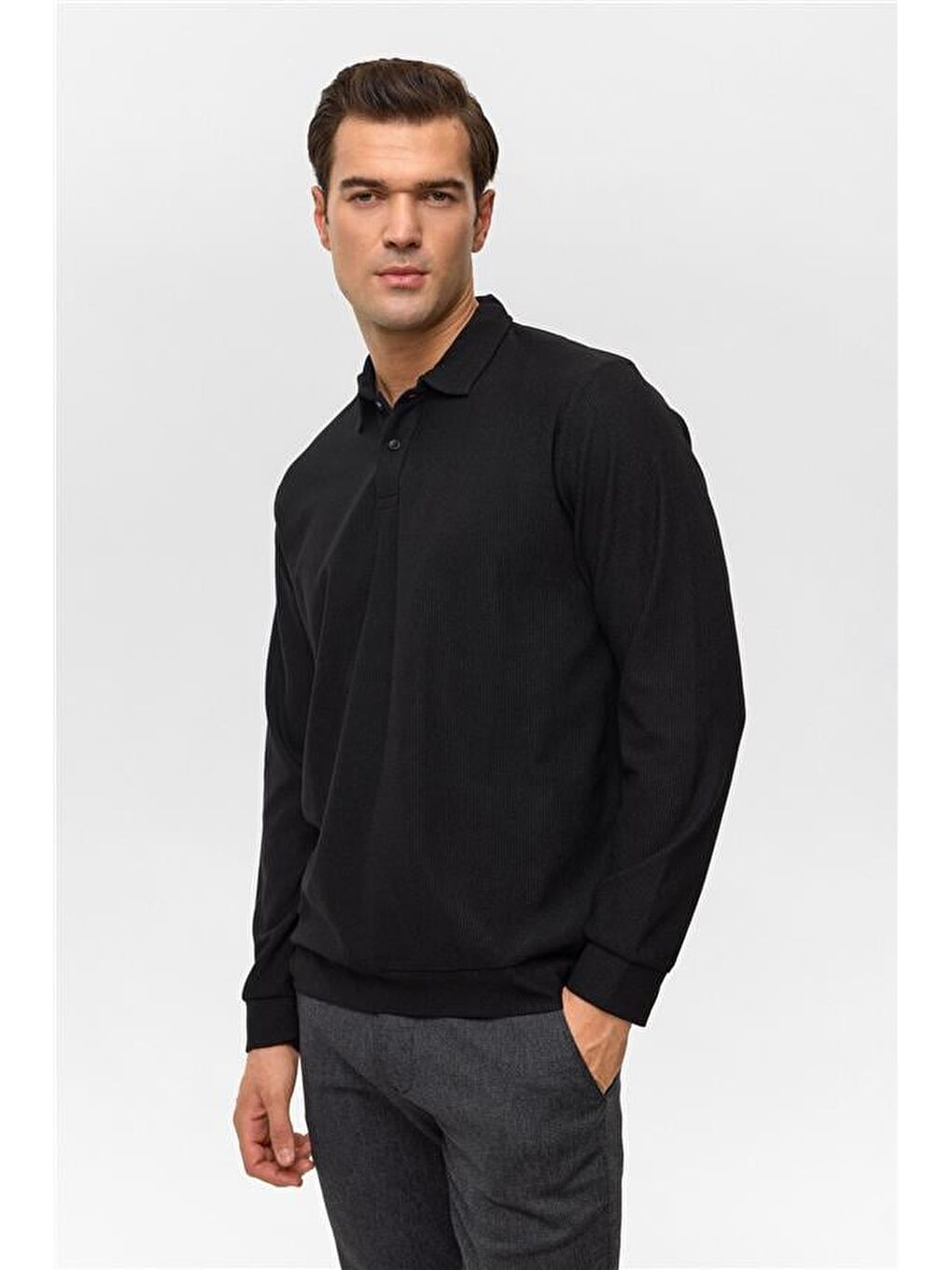 Siyah Regular Düz Polo Yaka Sweatshirt-1