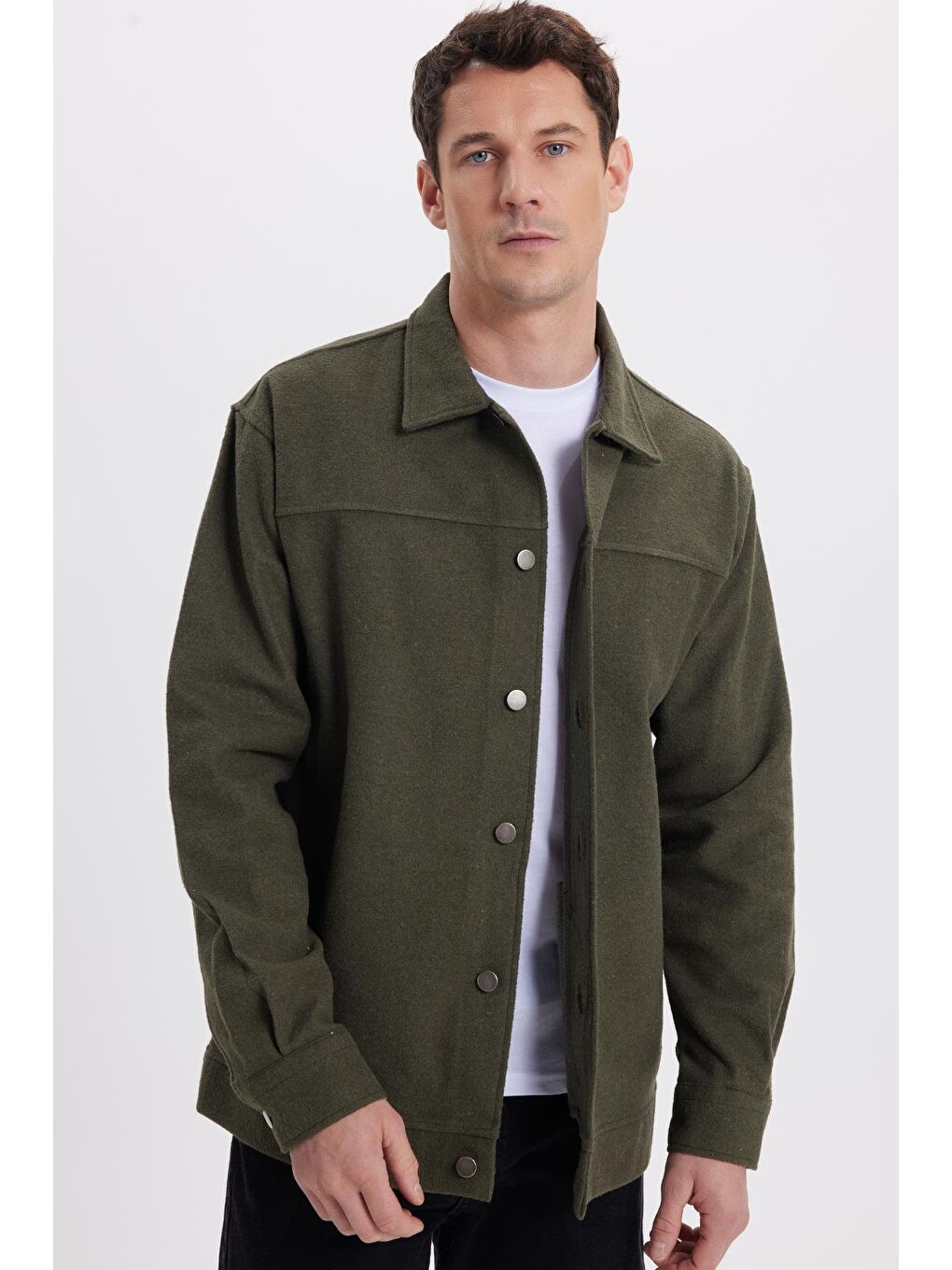 Erkek Relax Fit Rahat Kesim Yandan Flota Cep Oduncu Haki Kaşe Ceket Gömlek-5