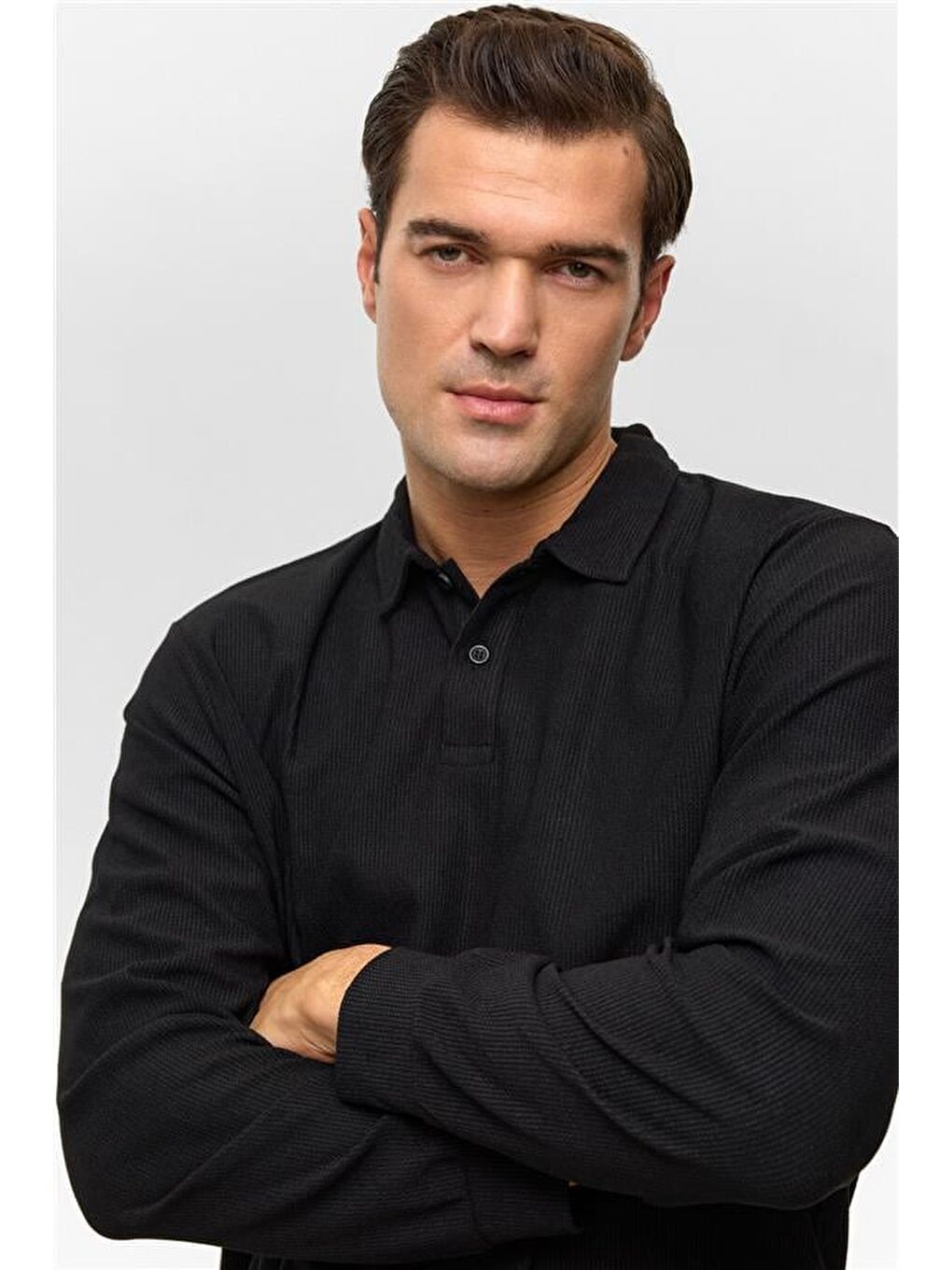 Siyah Regular Düz Polo Yaka Sweatshirt-2