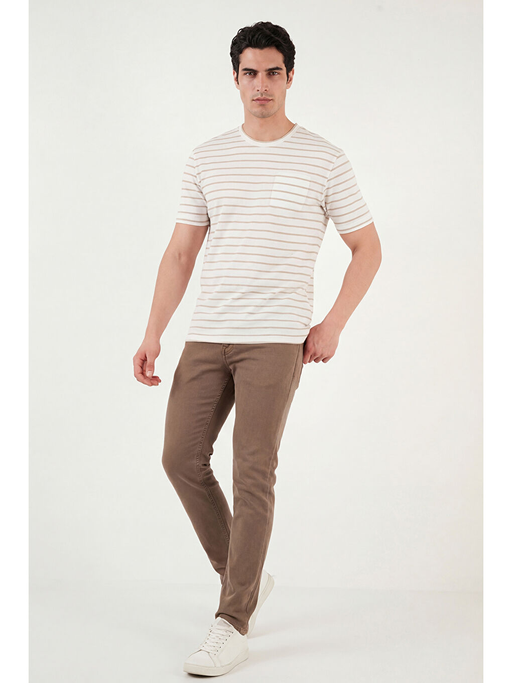 Bej Pamuklu Çizgili Cep Detaylı Bisiklet Yaka T Shirt 5904057-1