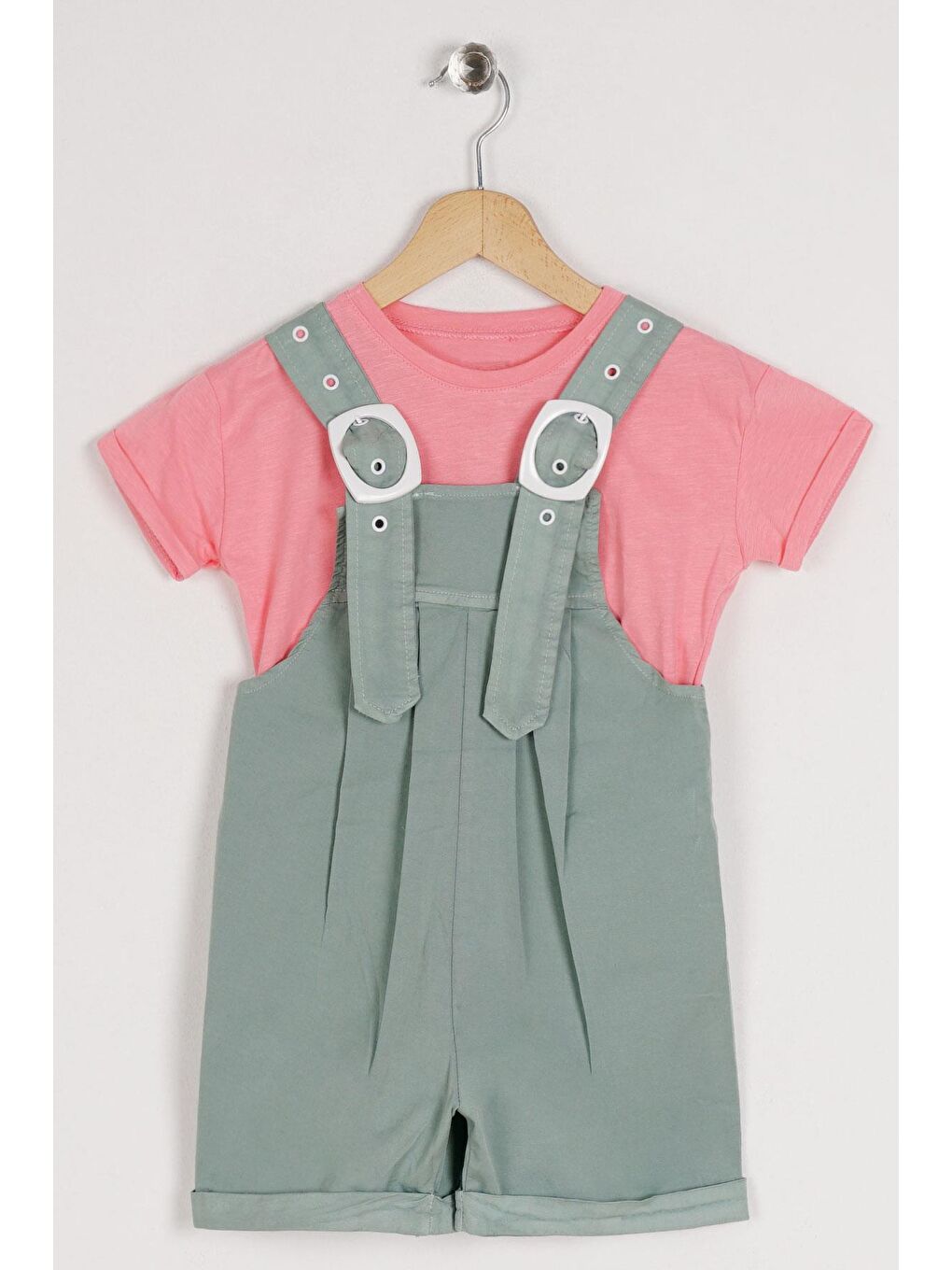 Bisiklet Yaka Kısa Kol Sortlu Kemer Detaylı Yeşil Renk Kız Çocuk Sortlu Salopet