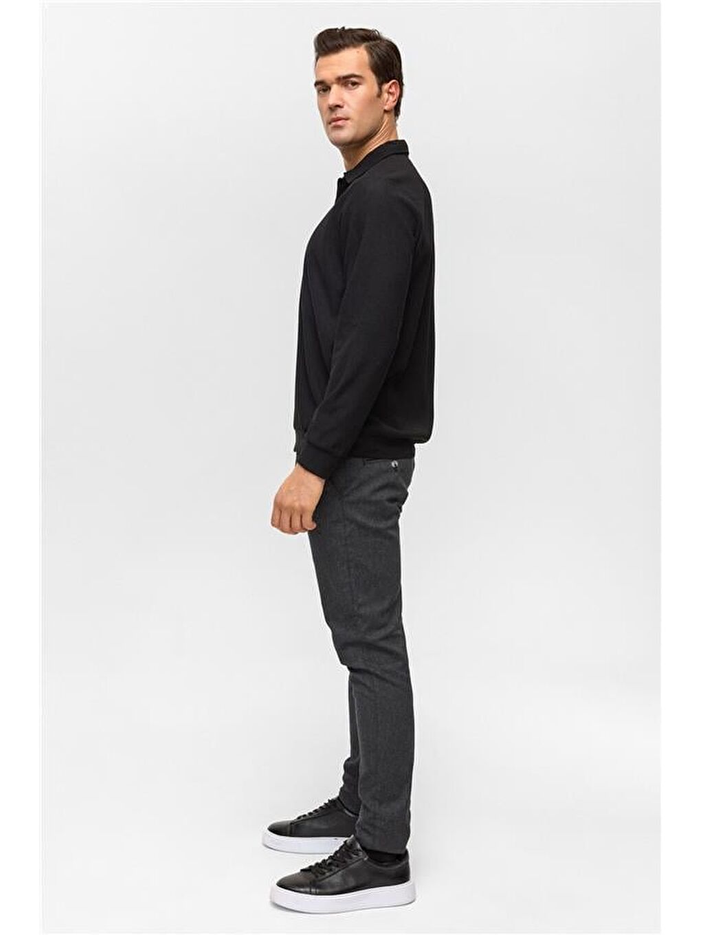 Siyah Regular Düz Polo Yaka Sweatshirt-3