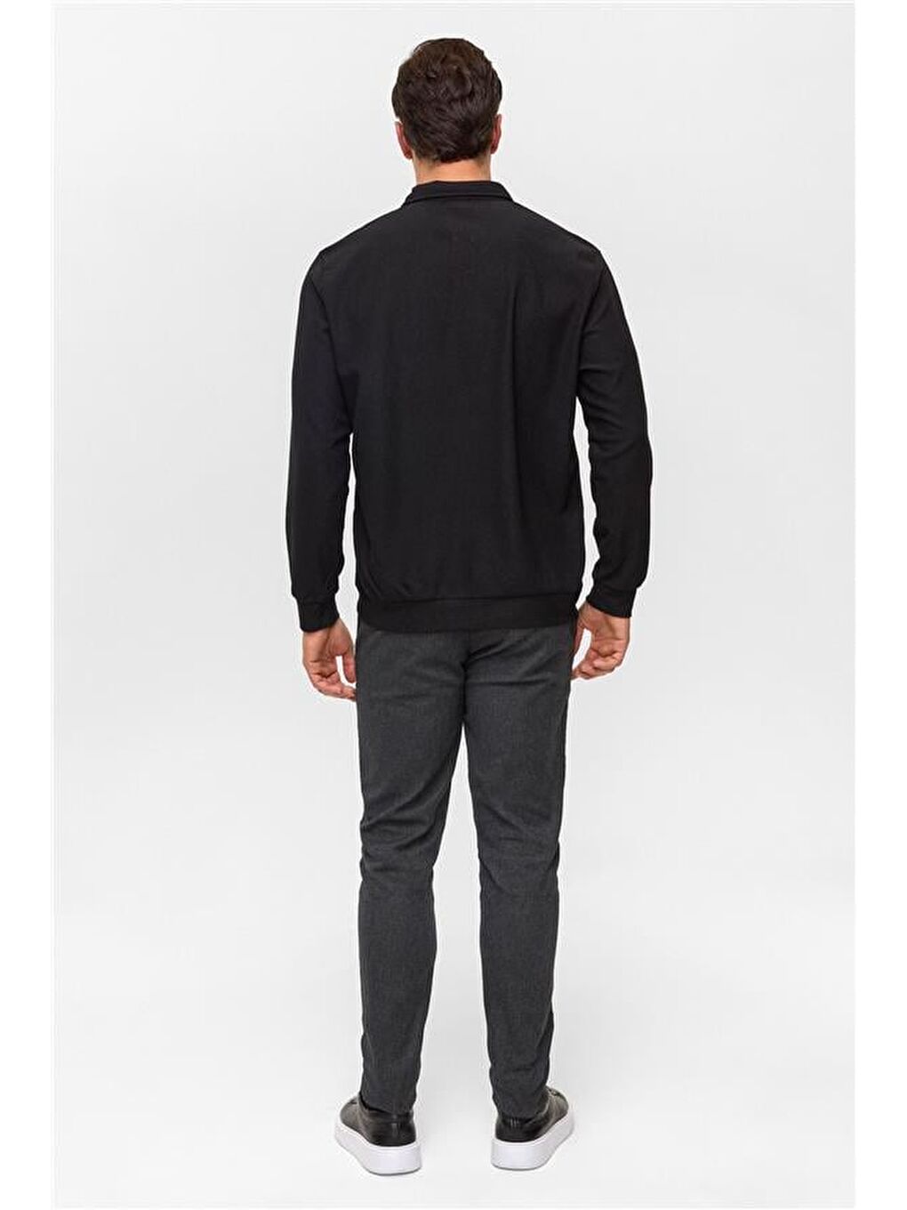 Siyah Regular Düz Polo Yaka Sweatshirt-4