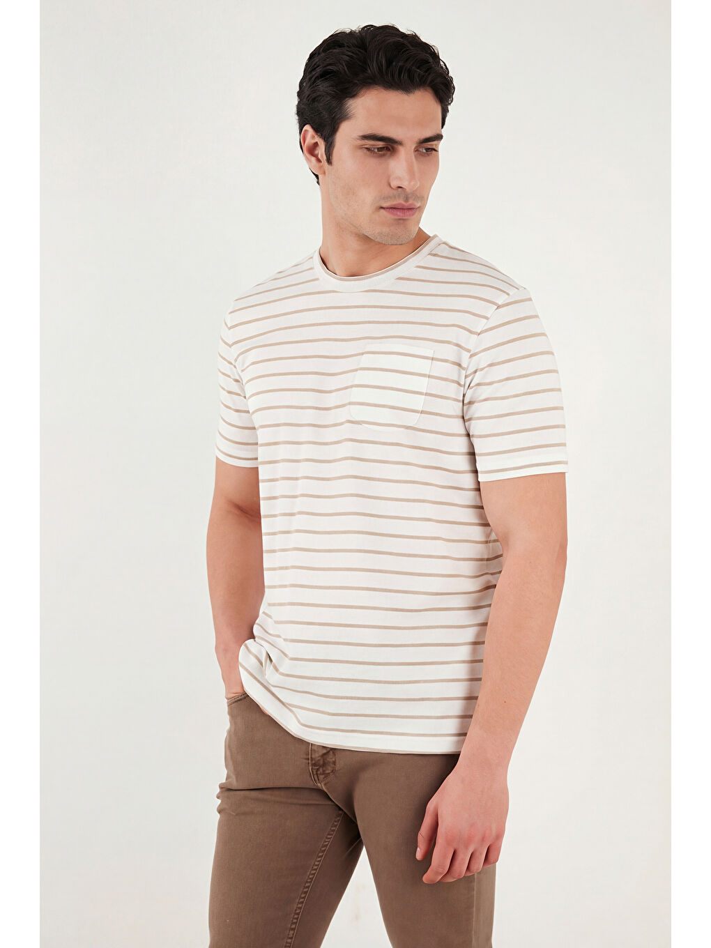 Bej Pamuklu Çizgili Cep Detaylı Bisiklet Yaka T Shirt 5904057-4