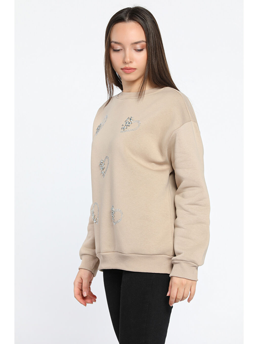 Bej Kadın Bisiklet Yaka Üç İplik Şardonlu Taş İşlemeli Sweatshirt-1