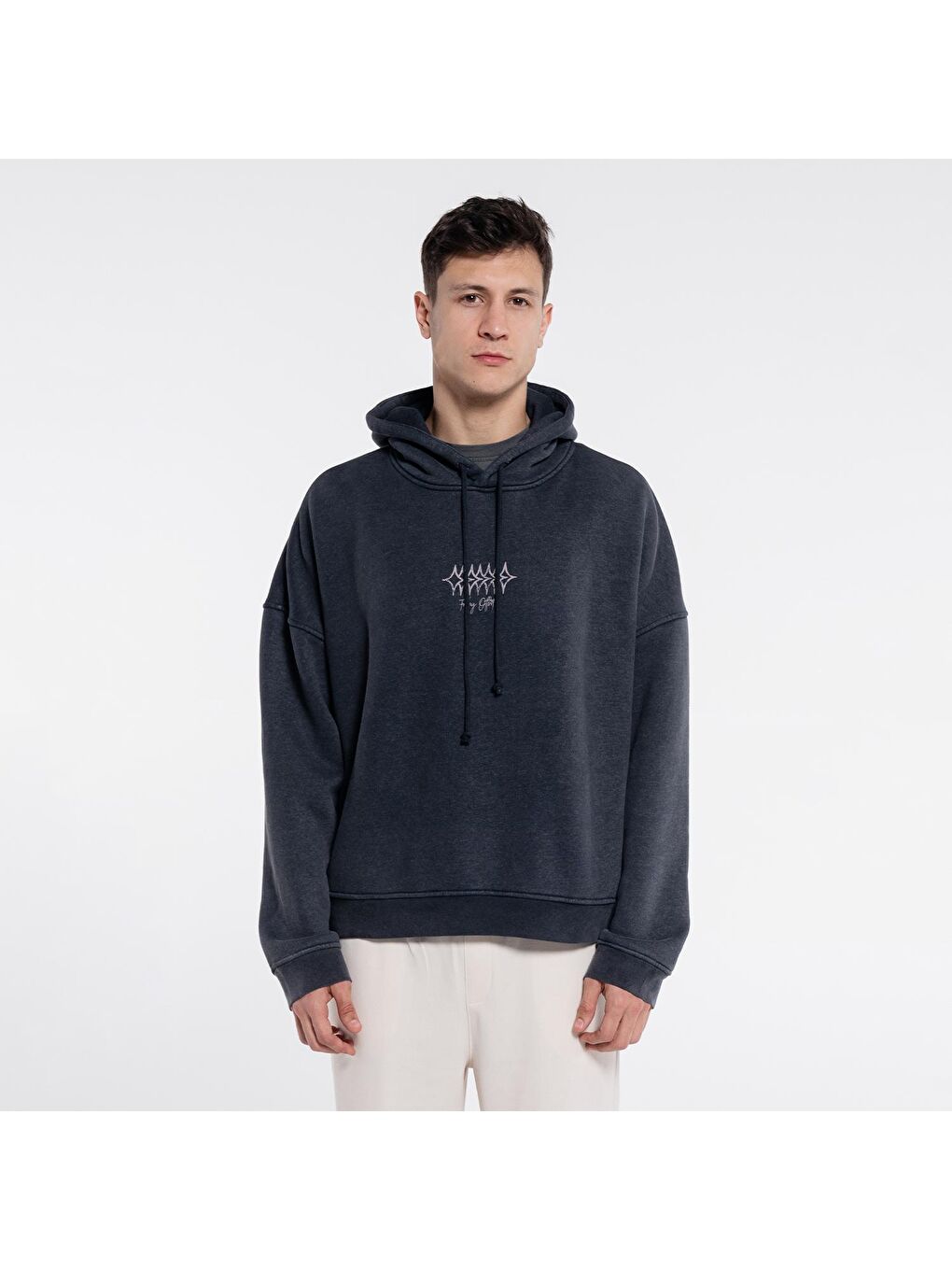 Friday Offset Antrasit Velo Erkek Antrasit Kapüşonlu Ekstra Oversize Sweatshirt Hoodie - Yıkama Efektli 3 İplik Kumaş