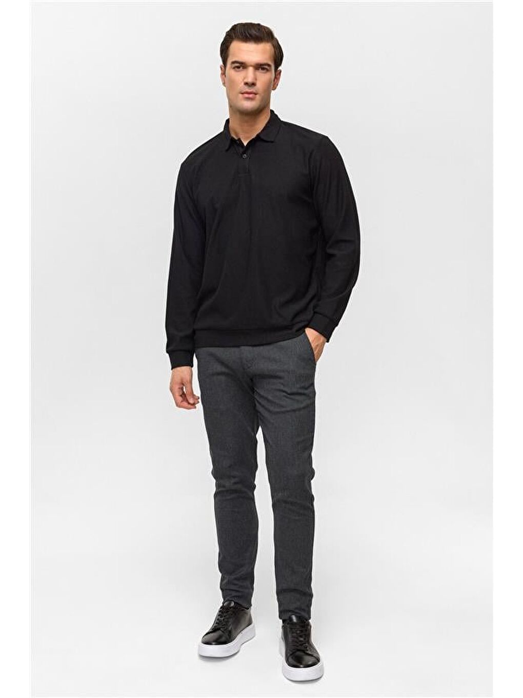 Siyah Regular Düz Polo Yaka Sweatshirt-5
