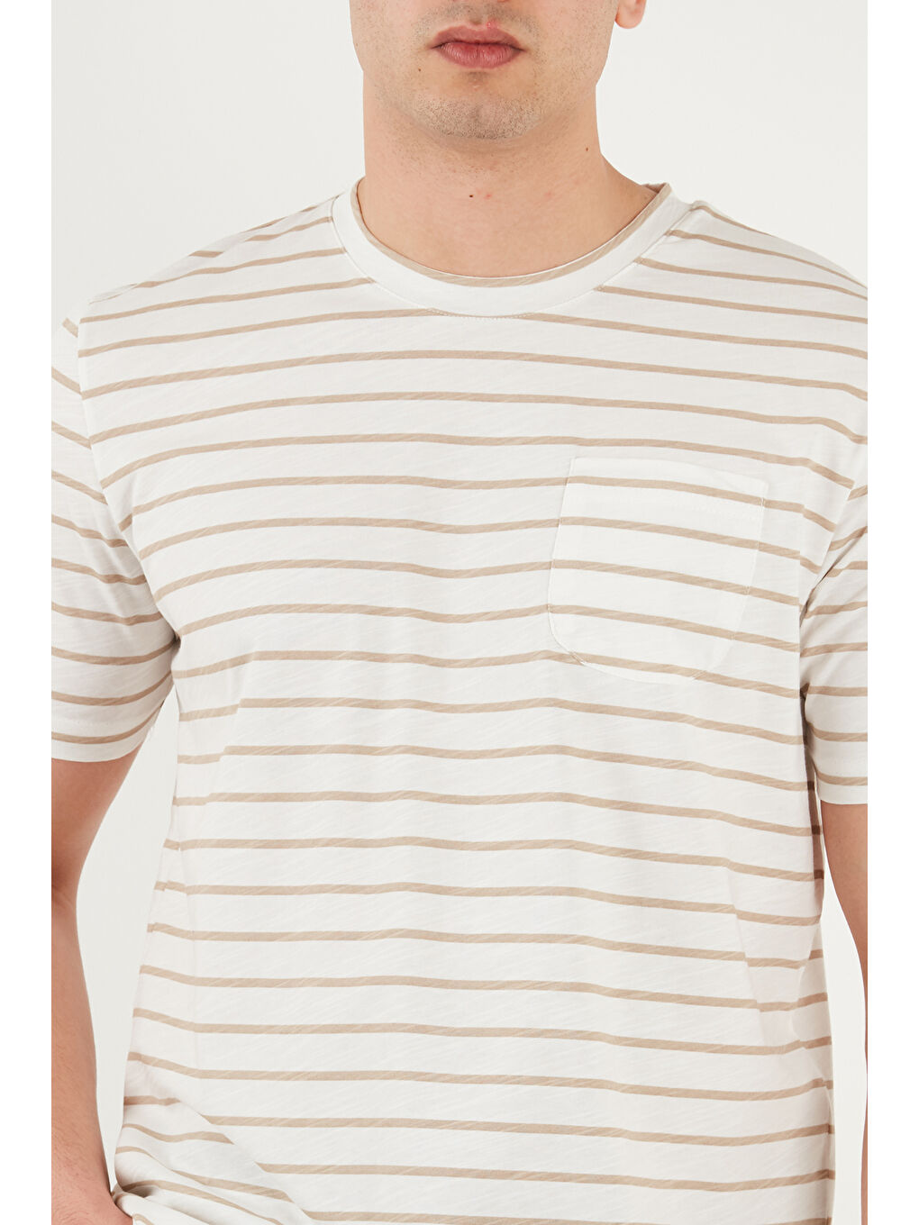 Bej Pamuklu Çizgili Cep Detaylı Bisiklet Yaka T Shirt 5904057-5