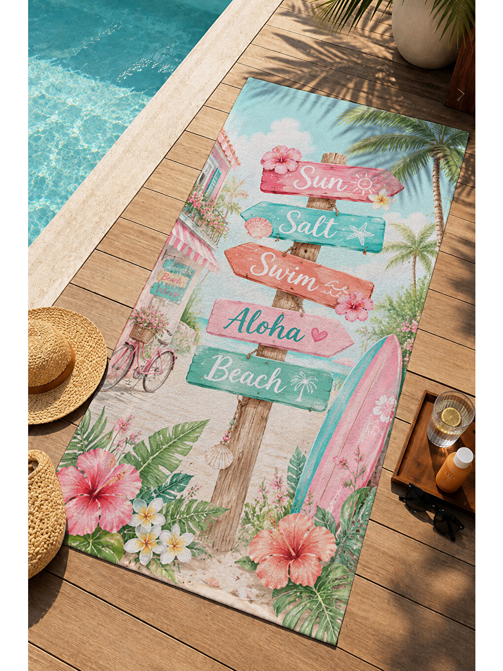Mavi Retro Sahil Yön Tabelaları Desenli 70x150 Plaj Havlusu - Dijital Baskılı Solmaz Banyo Havlusu-1
