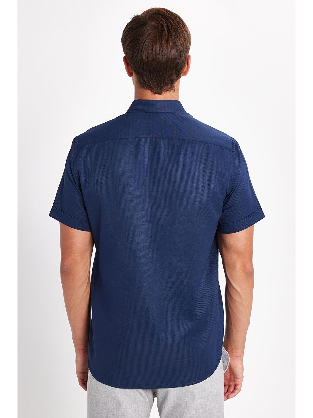 Erkek Regular Fit Klasik Kesim Kısa Kollu Pamuklu Tek Cepli Armürlü Lacivert Gömlek-4
