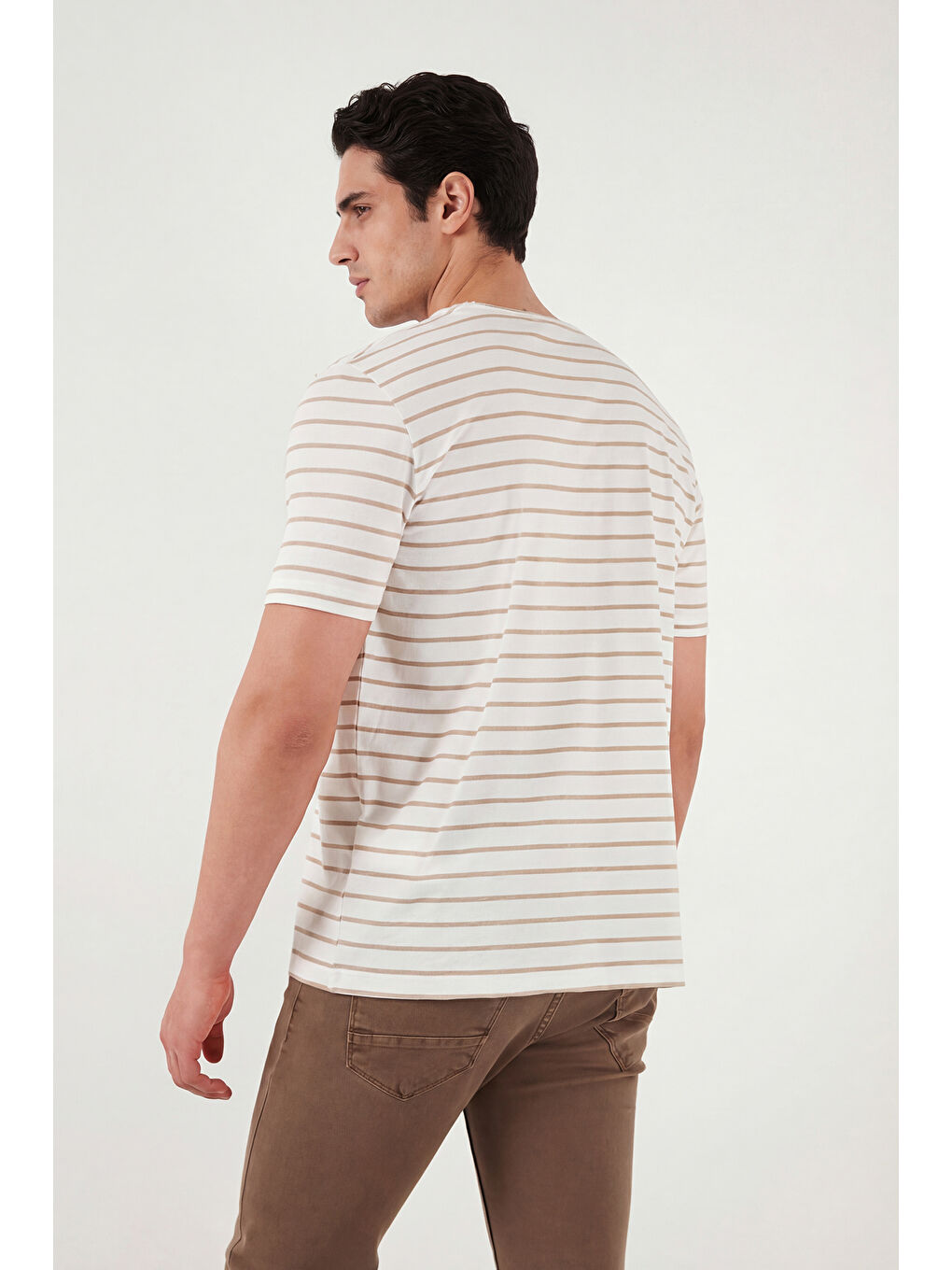 Bej Pamuklu Çizgili Cep Detaylı Bisiklet Yaka T Shirt 5904057-6