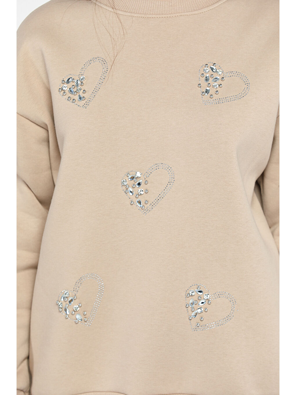 Bej Kadın Bisiklet Yaka Üç İplik Şardonlu Taş İşlemeli Sweatshirt-3