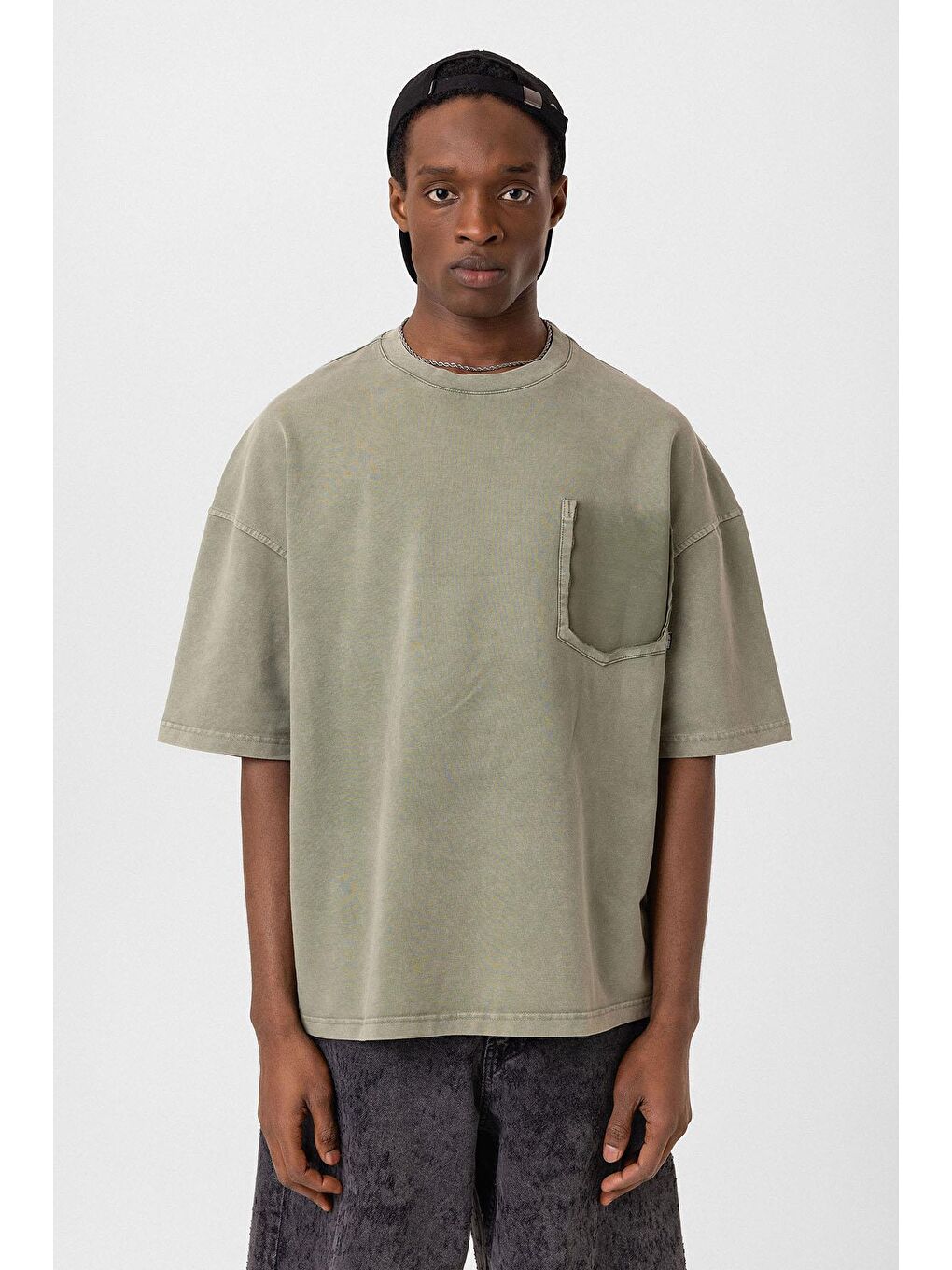 Yıkamalı Cep Detaylı Oversize Tişört Haki-2