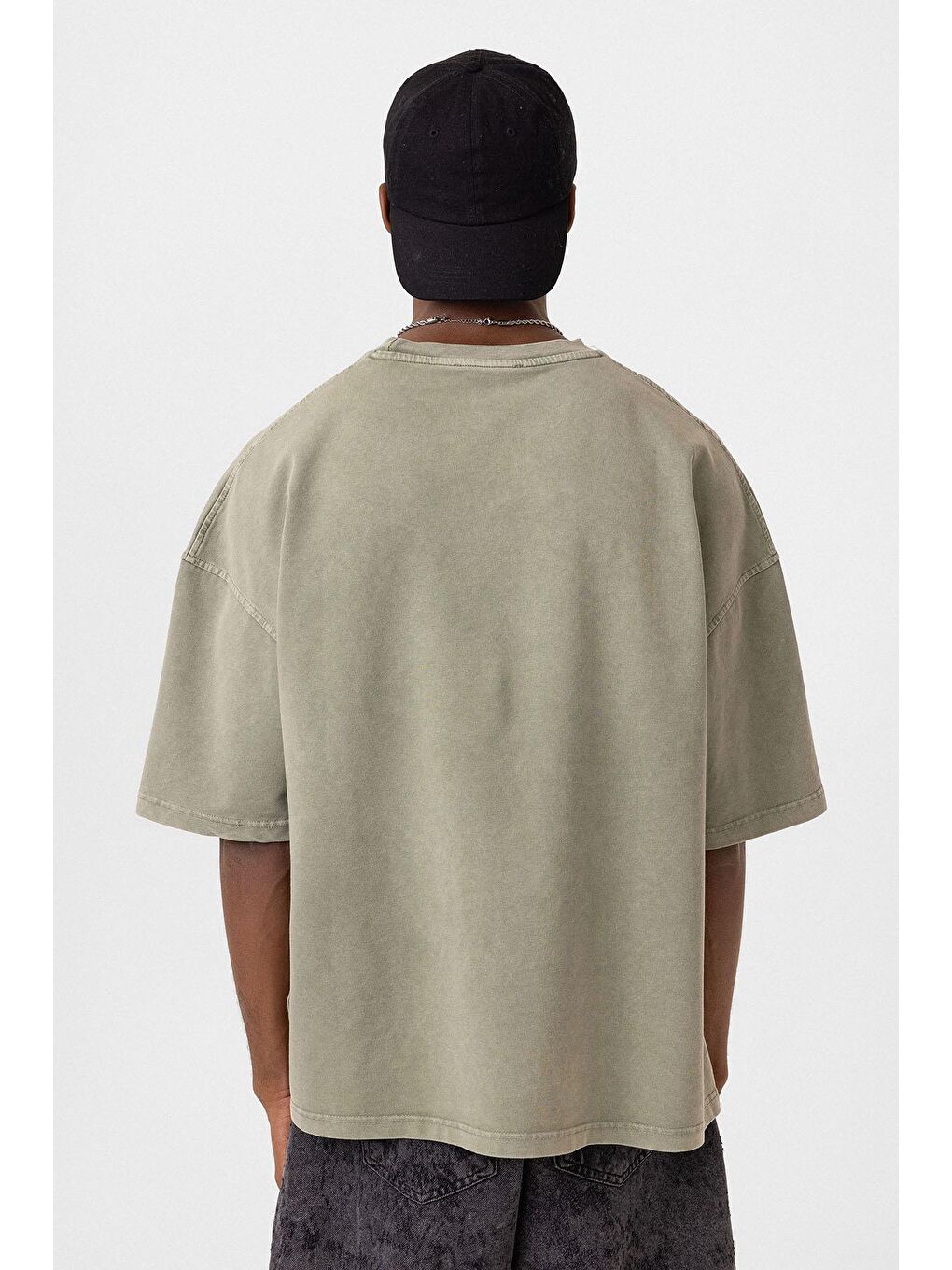 Yıkamalı Cep Detaylı Oversize Tişört Haki-4