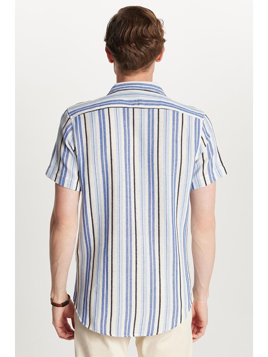 Karışık Erkek Slim Fit Dar Kesim Pamuklu Rahat Kullanım Çizgili Kısa Kollu Apaş Yaka Gömlek-4