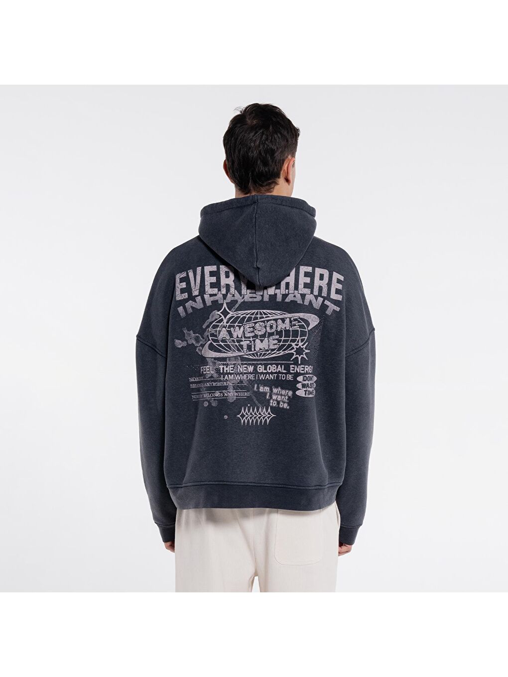 Friday Offset Antrasit Velo Erkek Antrasit Kapüşonlu Ekstra Oversize Sweatshirt Hoodie - Yıkama Efektli 3 İplik Kumaş - 3