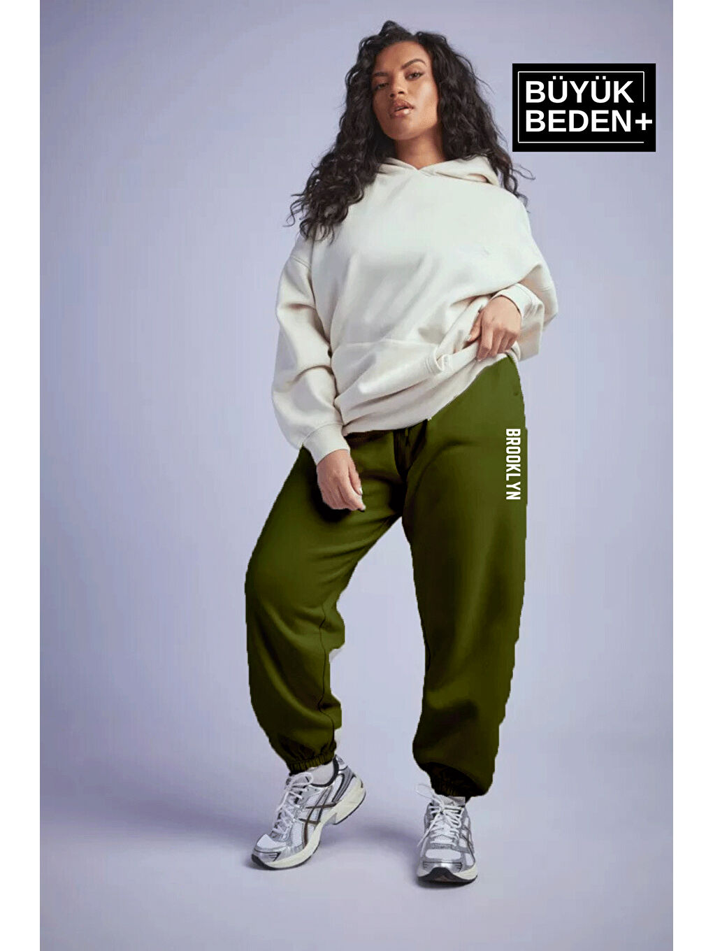 Haki Kadın Büyük Beden Paça Lastikli Brooklyn Baskılı İnce Eşofman Altı SPR25EAK53-1