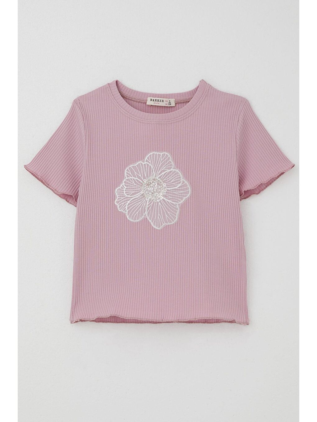 Kız Çocuk Tişört Tül Çiçek Armalı Boncuk Aksesuarlı Kemer Boy Lila (8-14 Yaş)