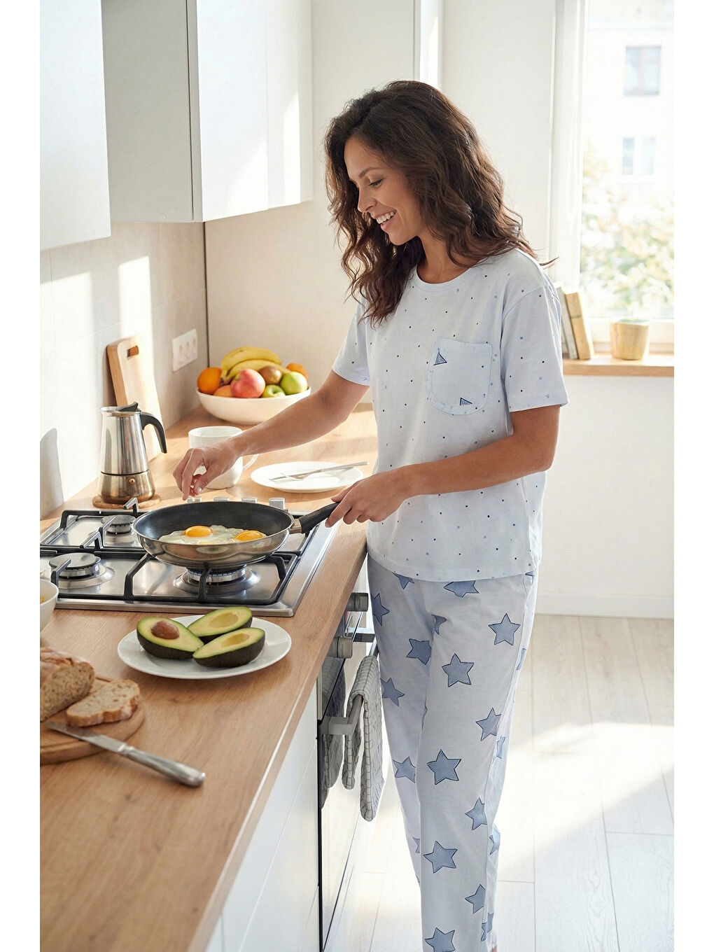 Mavi Pamuklu Regular Fit Bisiklet Yaka Cep Detaylı Pijama Takımı 6091325