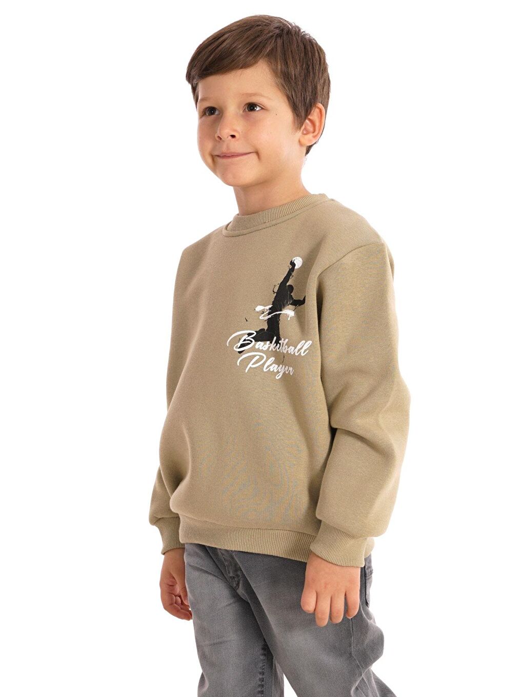 Bisiklet Yaka Şardonlu Basketball Baskılı Yeşil Renk Erkek Çocuk Sweat-1