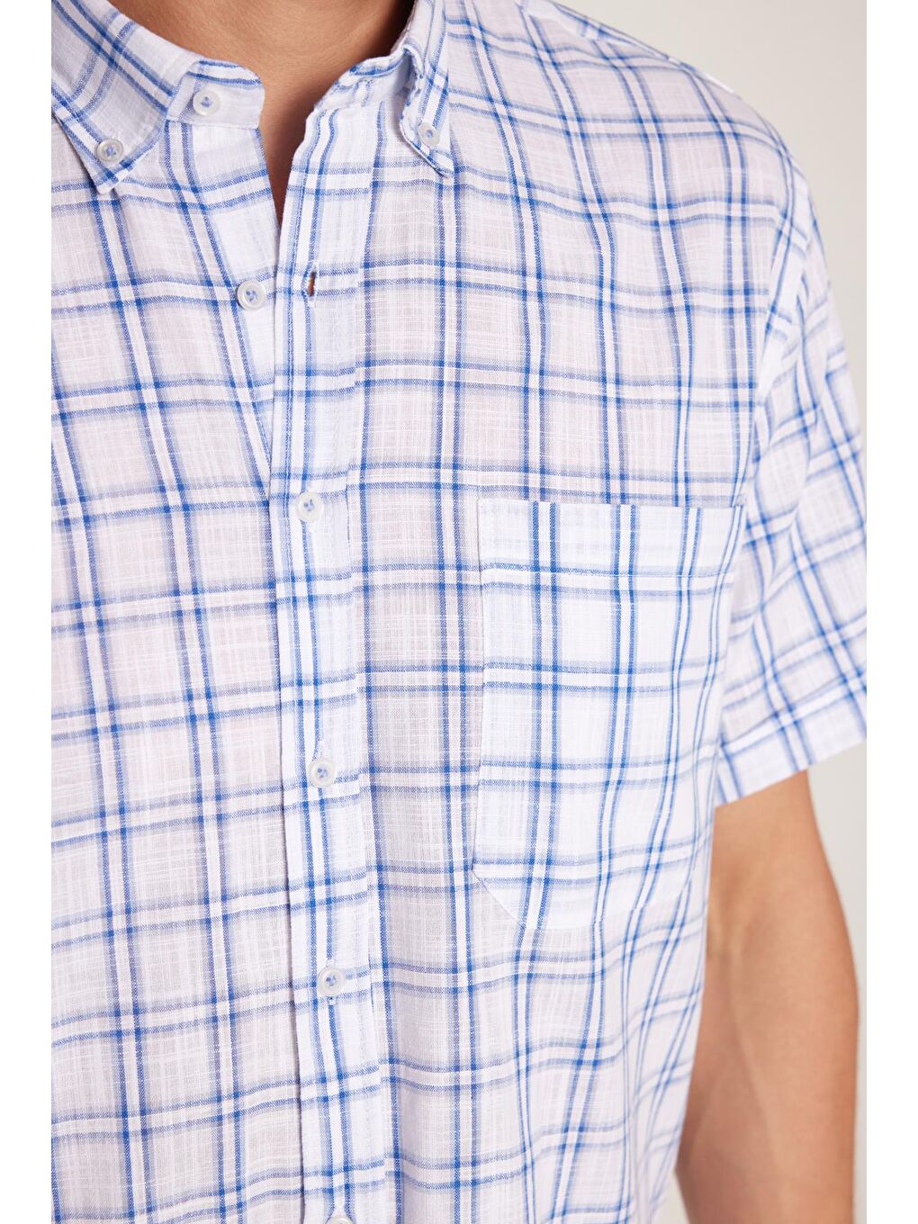 Karışık Erkek Regular Fit Klasik Kesim %100 Pamuk Keten Doku Cepli Kareli Kısa Kollu Düğmeli Yaka Gömlek-2