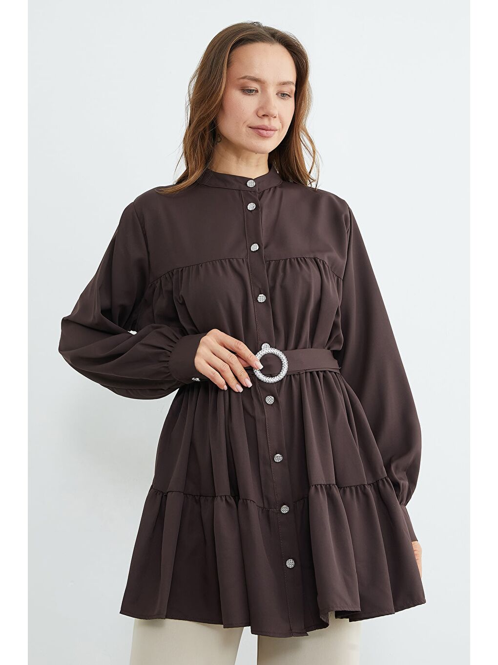 Kahverengi Fullamodest Beli Kemerli Taşlı Tunik-2