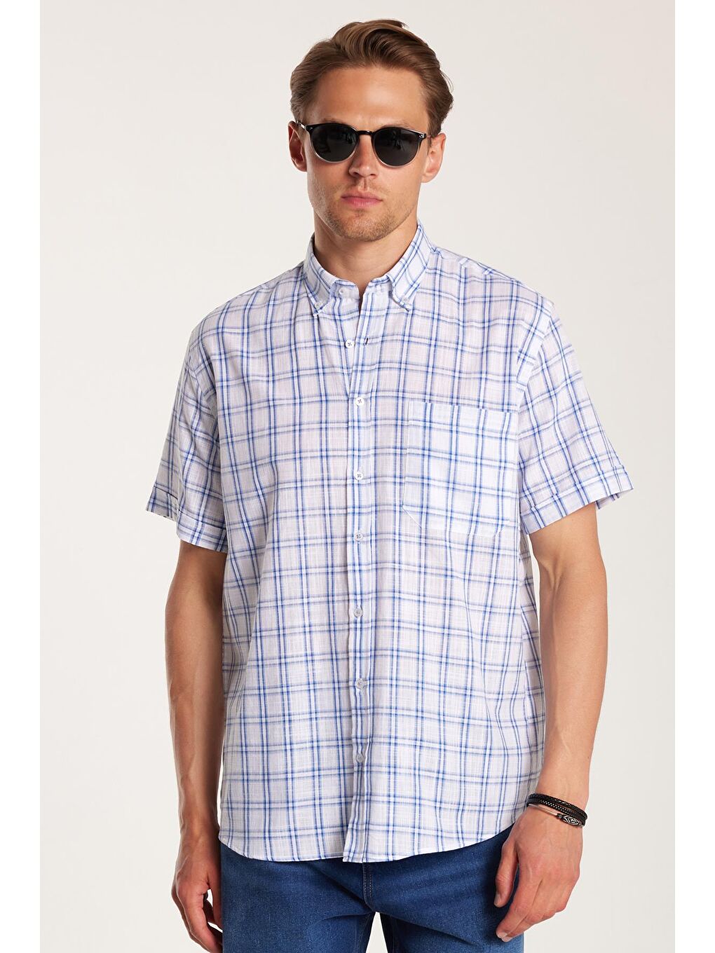 Karışık Erkek Regular Fit Klasik Kesim %100 Pamuk Keten Doku Cepli Kareli Kısa Kollu Düğmeli Yaka Gömlek-3