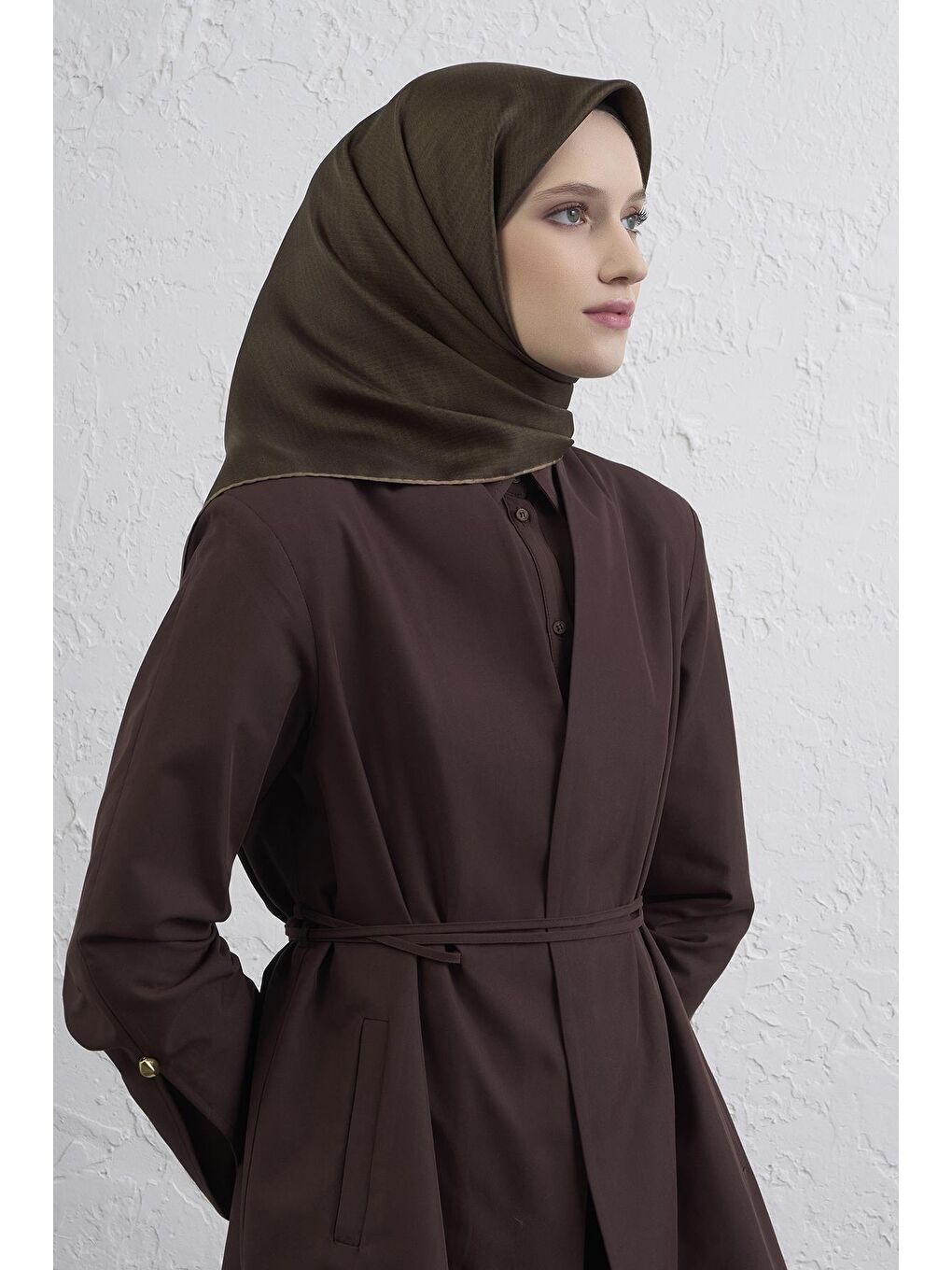 Kahverengi Soyut Desenli Saf İpek Twill Eşarp 9415D 32