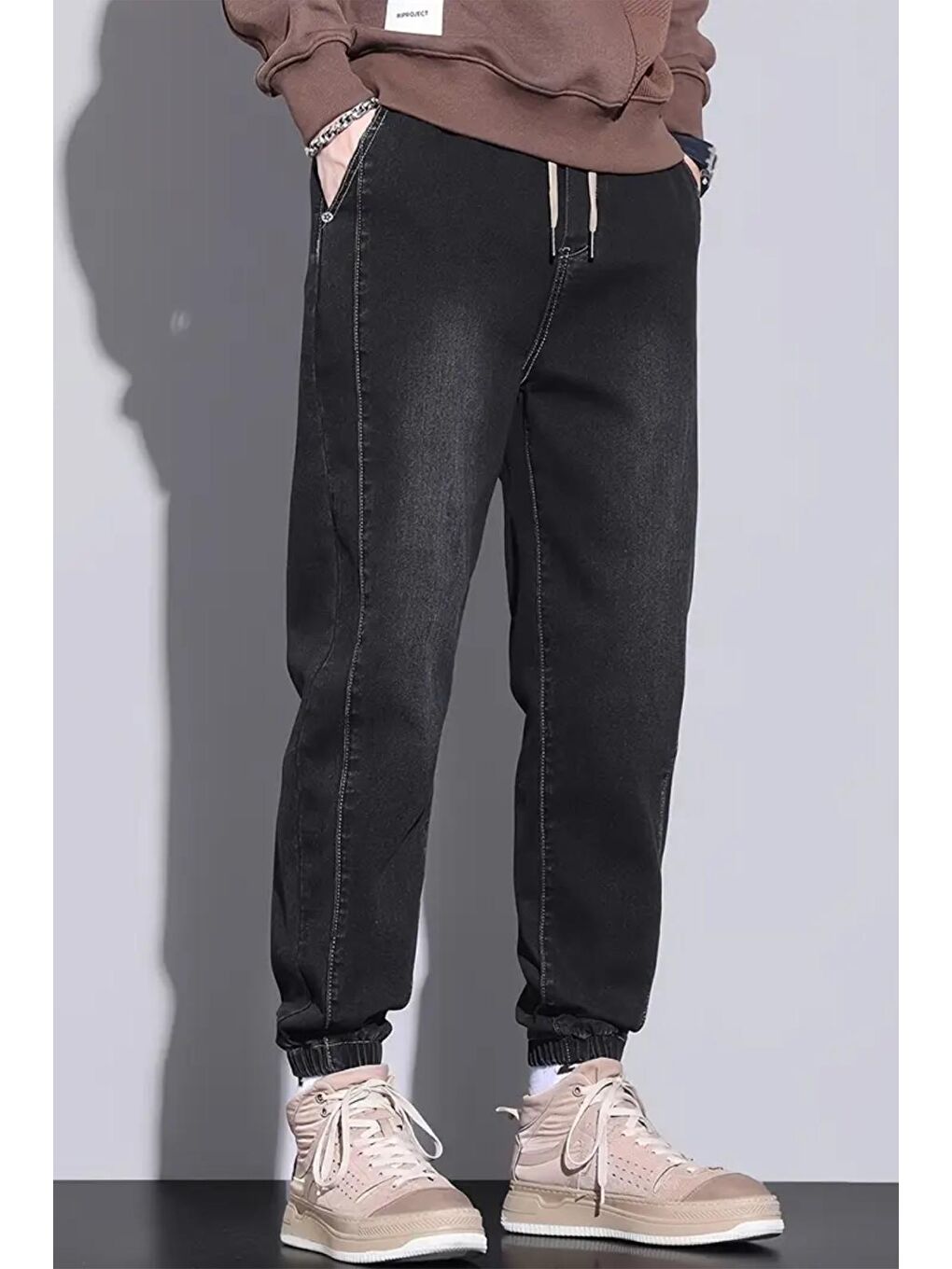 Siyah Reax Simon Beli ve Paçası Lastikli İpli Jogger Kesim Erkek Jean Pantolon-1